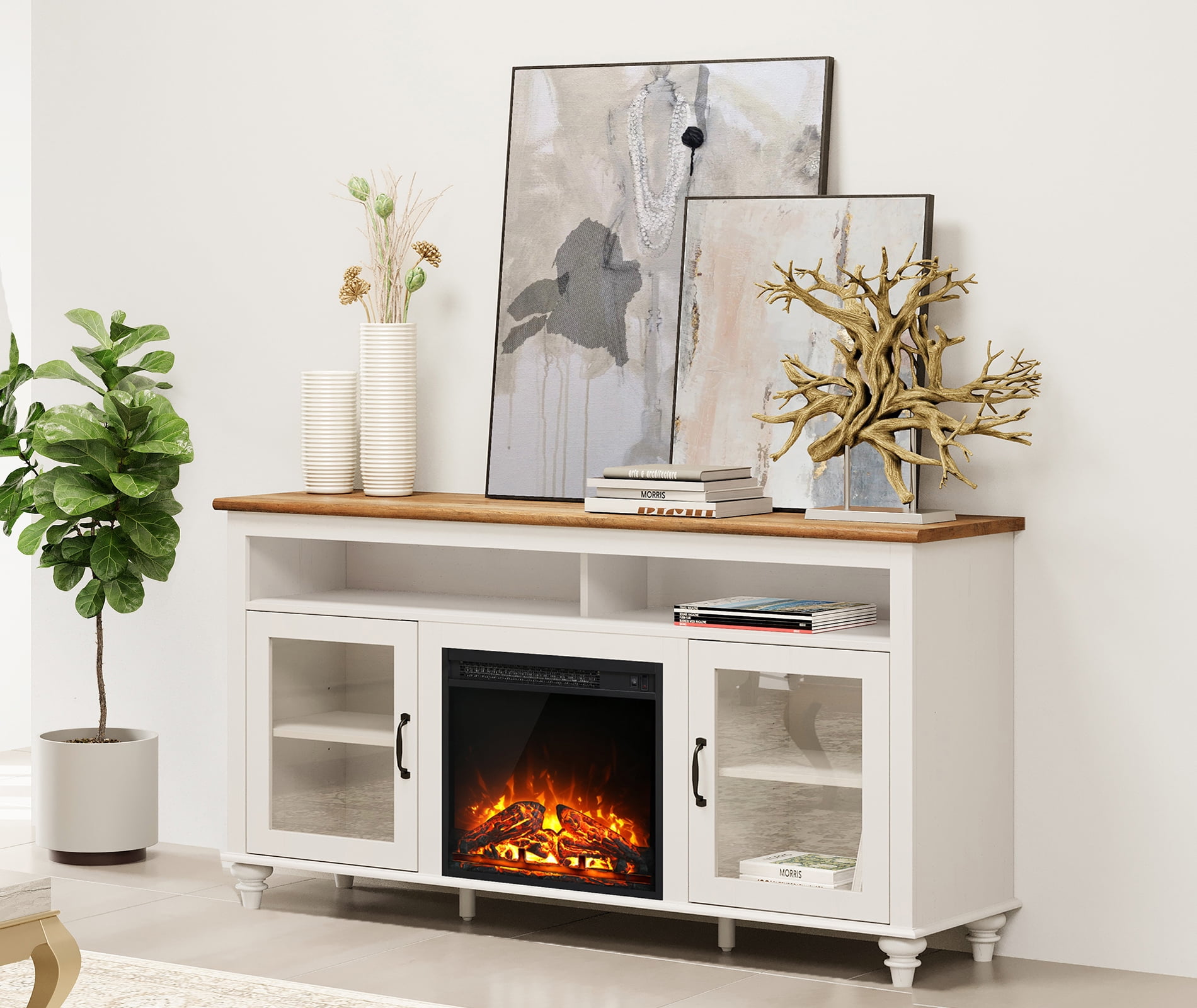 WAMPAT White Farmhouse TV Stand with 18'' Electric Fireplace, Highboy