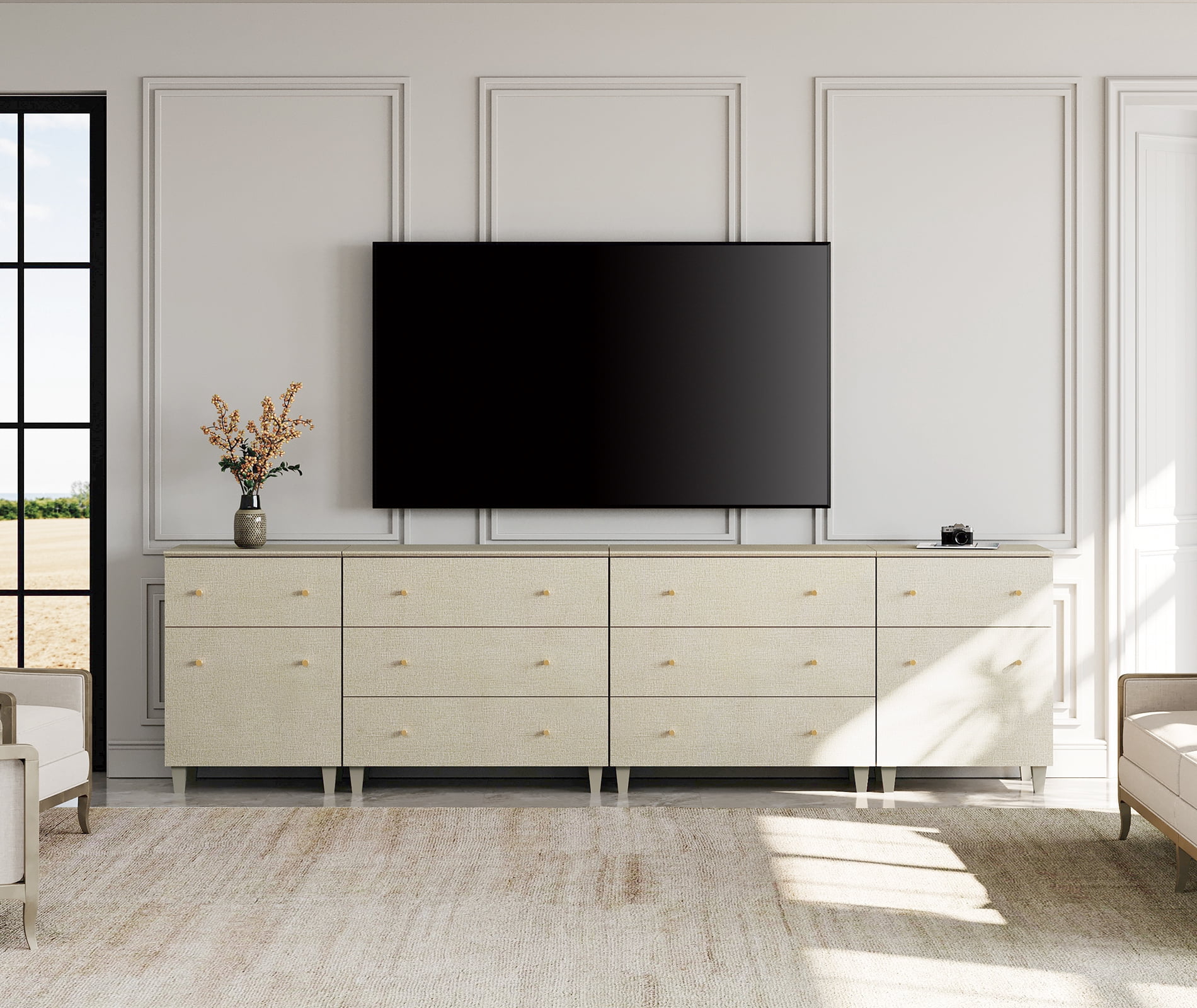 WAMPAT Wide Modern TV Stand for 110+ Inches TVs, 4-in-1 Large Wooden Media Console with 8 Spacious Drawers and 2 Storage Cabinets for Living Room, Beige