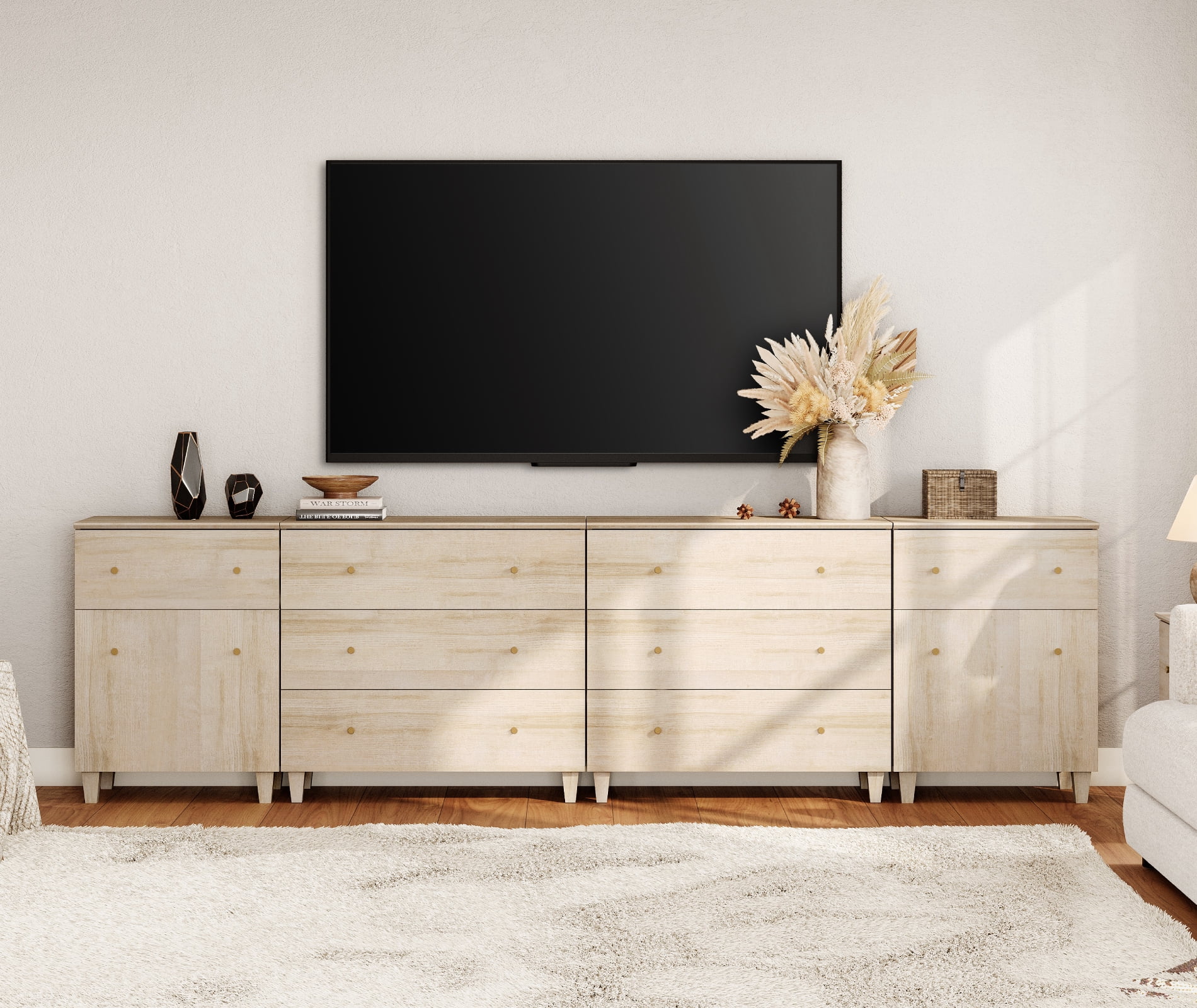 WAMPAT Wide Modern TV Stand for 110+ Inches TVs, 4-in-1 Large Wooden Media Console with 8 Spacious Drawers and 2 Storage Cabinets for Living Room, Light Oak