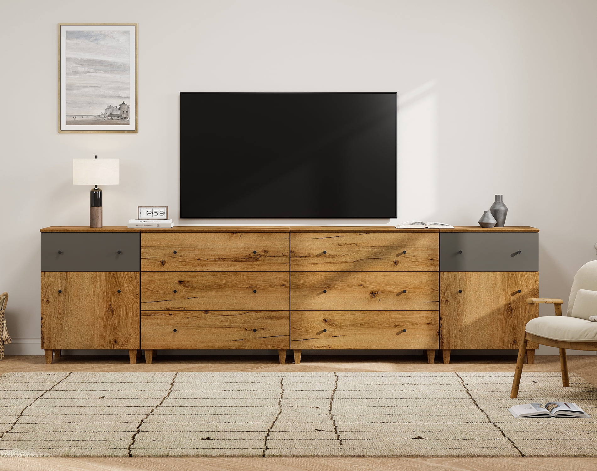 WAMPAT Wide Modern TV Stand for 110+ Inches TVs, 4-in-1 Large Wooden Media Console with 8 Spacious Drawers and 2 Storage Cabinets for Living Room, Oak Brown