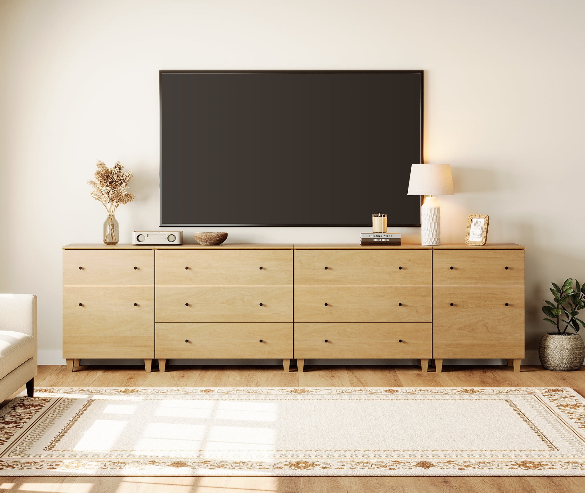 WAMPAT Wide Modern TV Stand for 110+ Inches TVs, 4-in-1 Large Wooden Media Console with 8 Spacious Drawers and 2 Storage Cabinets for Living Room, Oak