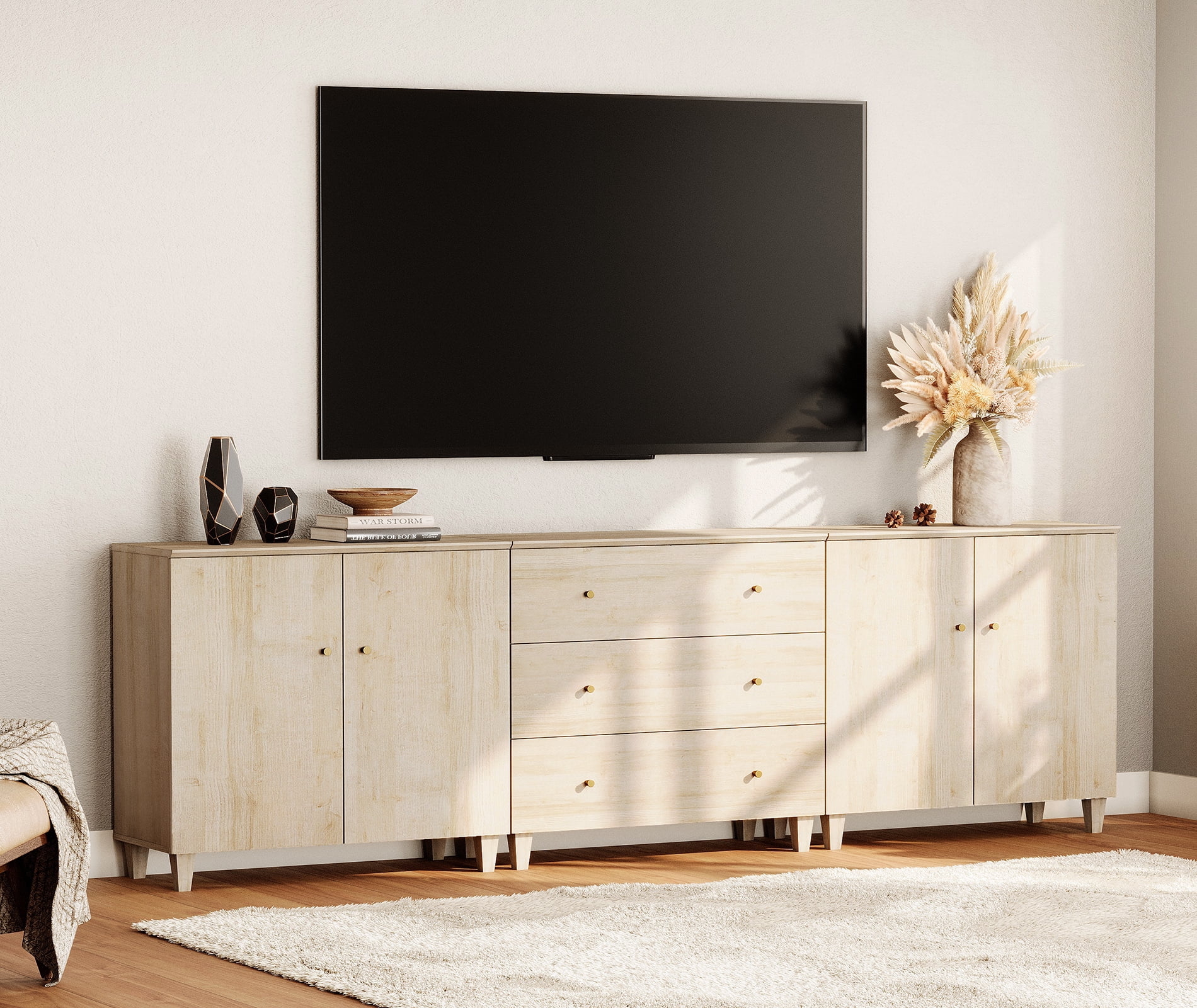 WAMPAT Wide TV Stand for 100+ Inches TVs, 3-in-1 Modern Wooden Media Console with 3 Spacious Drawers and 2 Storage Cabinets for Living Room, Light Oak