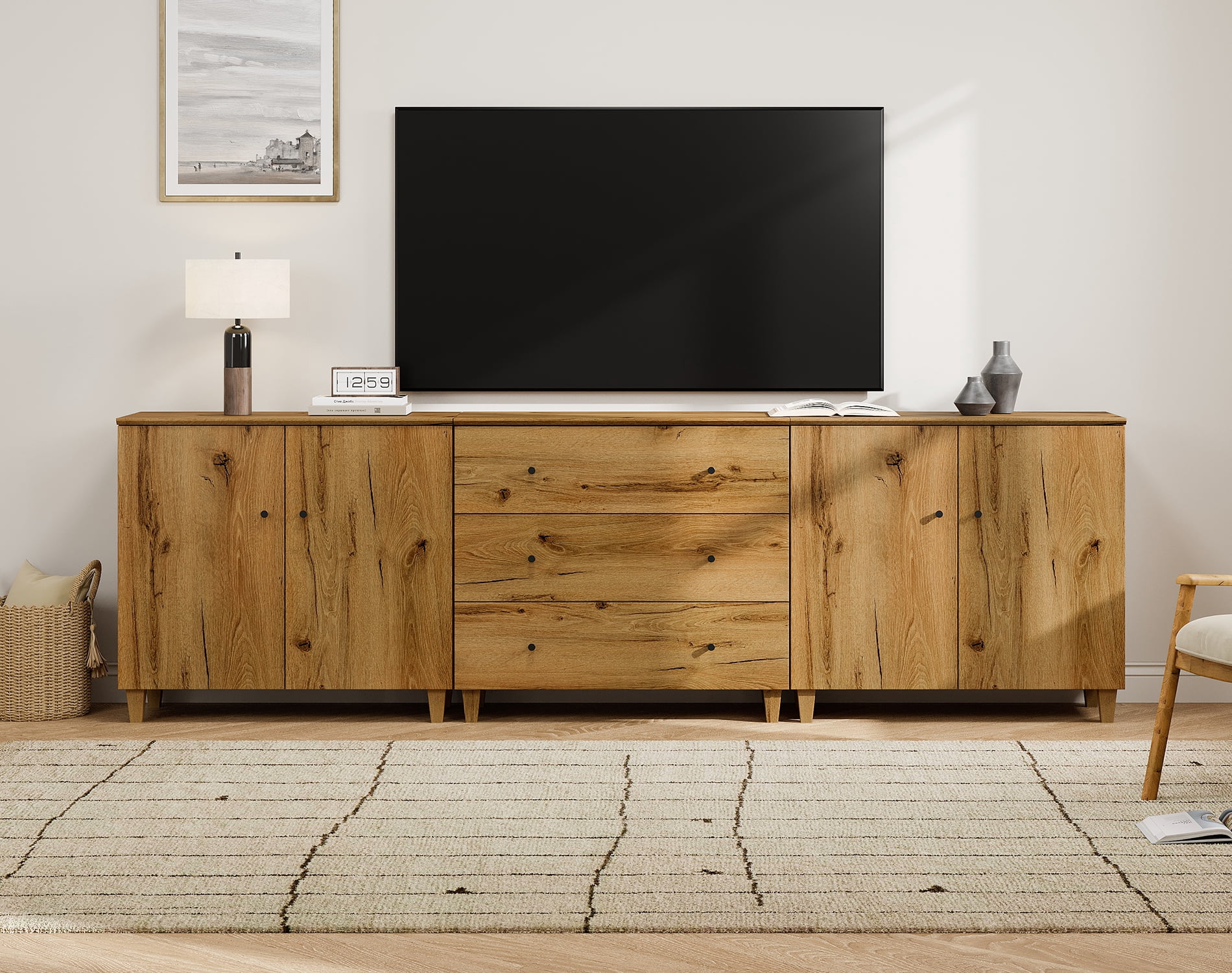 WAMPAT Wide TV Stand for 100+ Inches TVs, 3-in-1 Modern Wooden Media Console with 3 Spacious Drawers and 2 Storage Cabinets for Living Room, Oak Brown