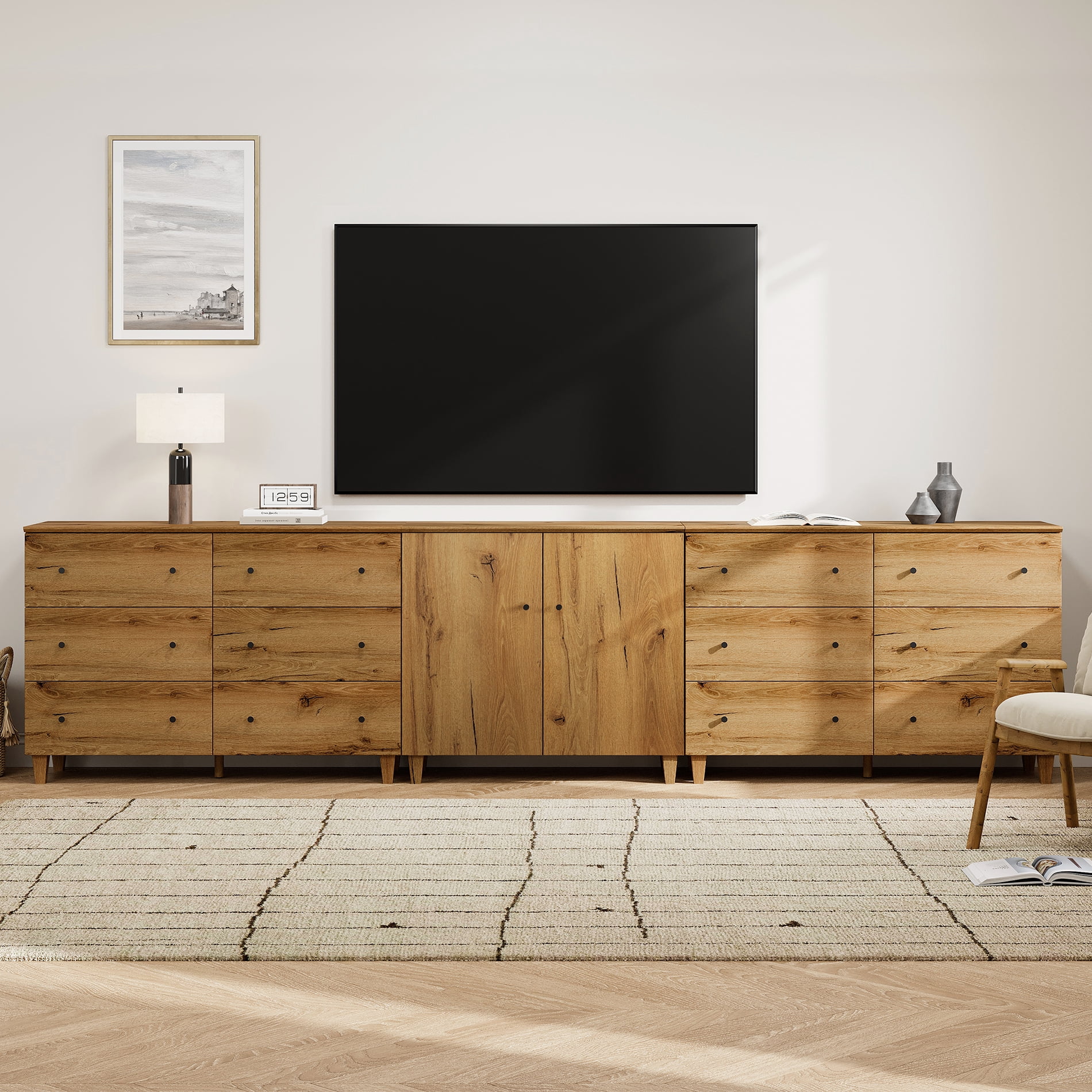 WAMPAT Wide TV Stand for 110+ Inches TVs, 3-in-1 Modern Wooden Media Console with 12 Spacious Drawers and 1 Storage Cabinet for Living Room, Oak Brown