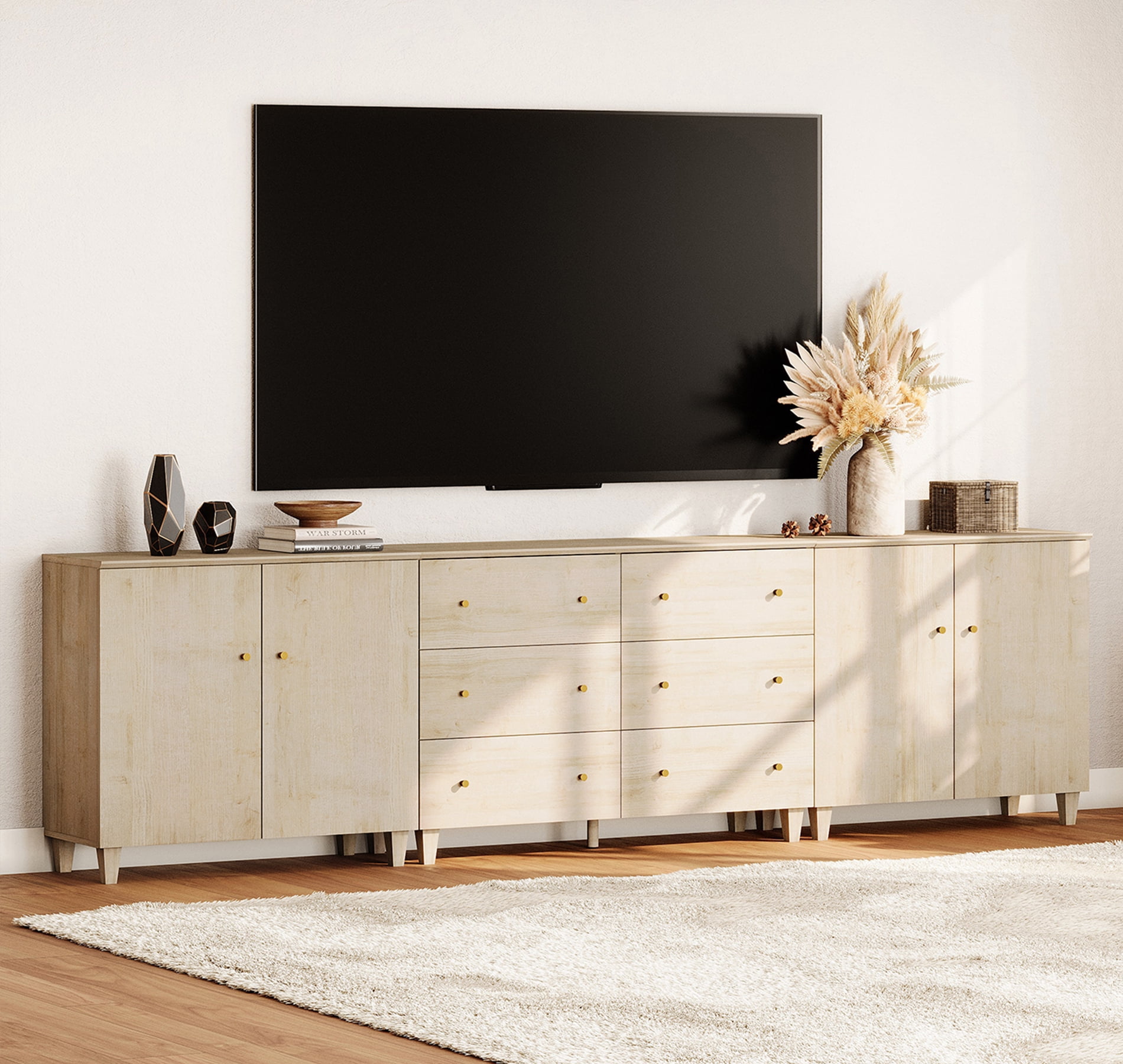 WAMPAT Wide TV Stand for 110+ Inches TVs, 3-in-1 Modern Wooden Media Console with 6 Spacious Drawers and 2 Storage Cabinets for Living Room, Light Oak