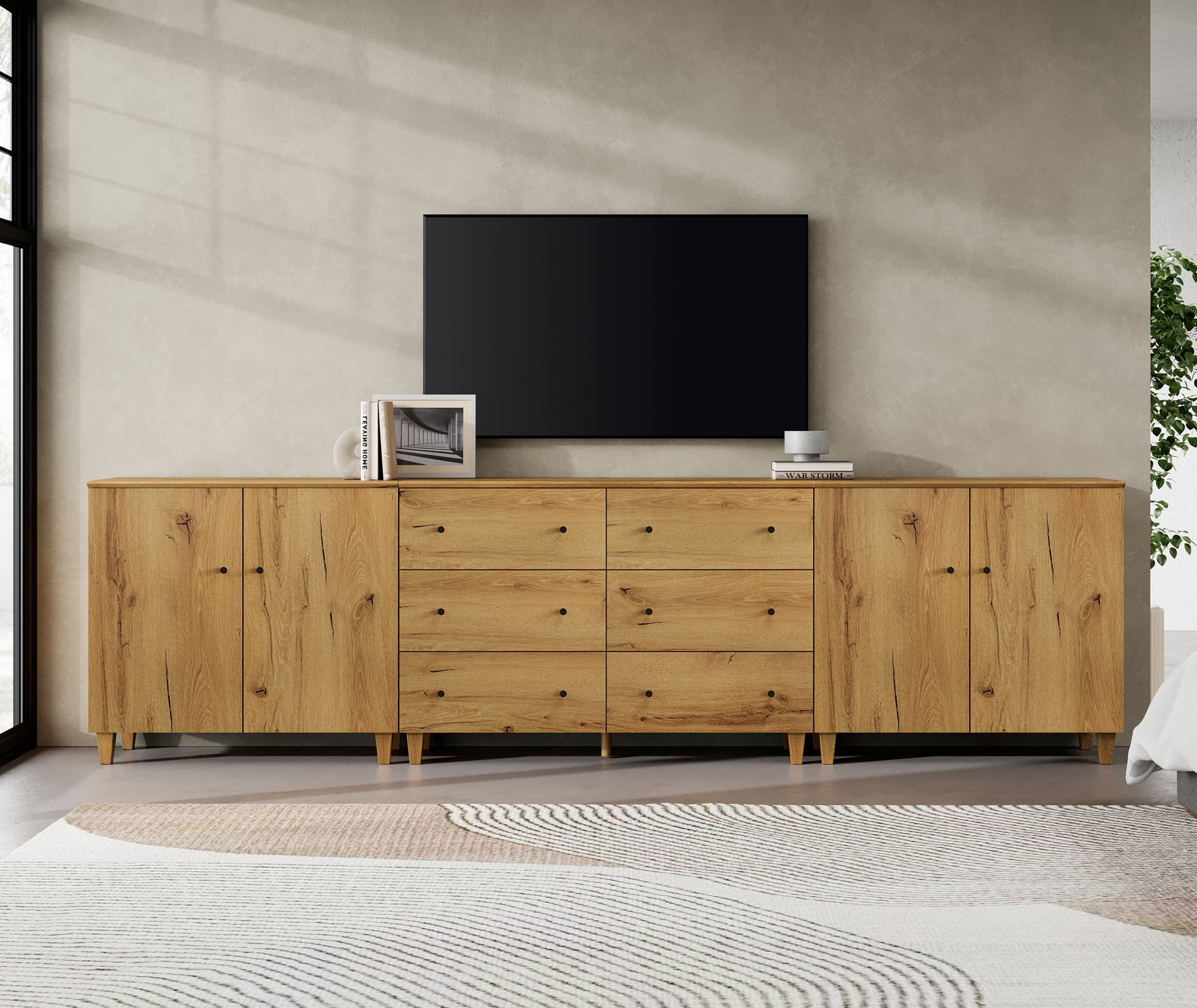 WAMPAT Wide TV Stand for 110+ Inches TVs, 3-in-1 Modern Wooden Media Console with 6 Spacious Drawers and 2 Storage Cabinets for Living Room, Oak Brown