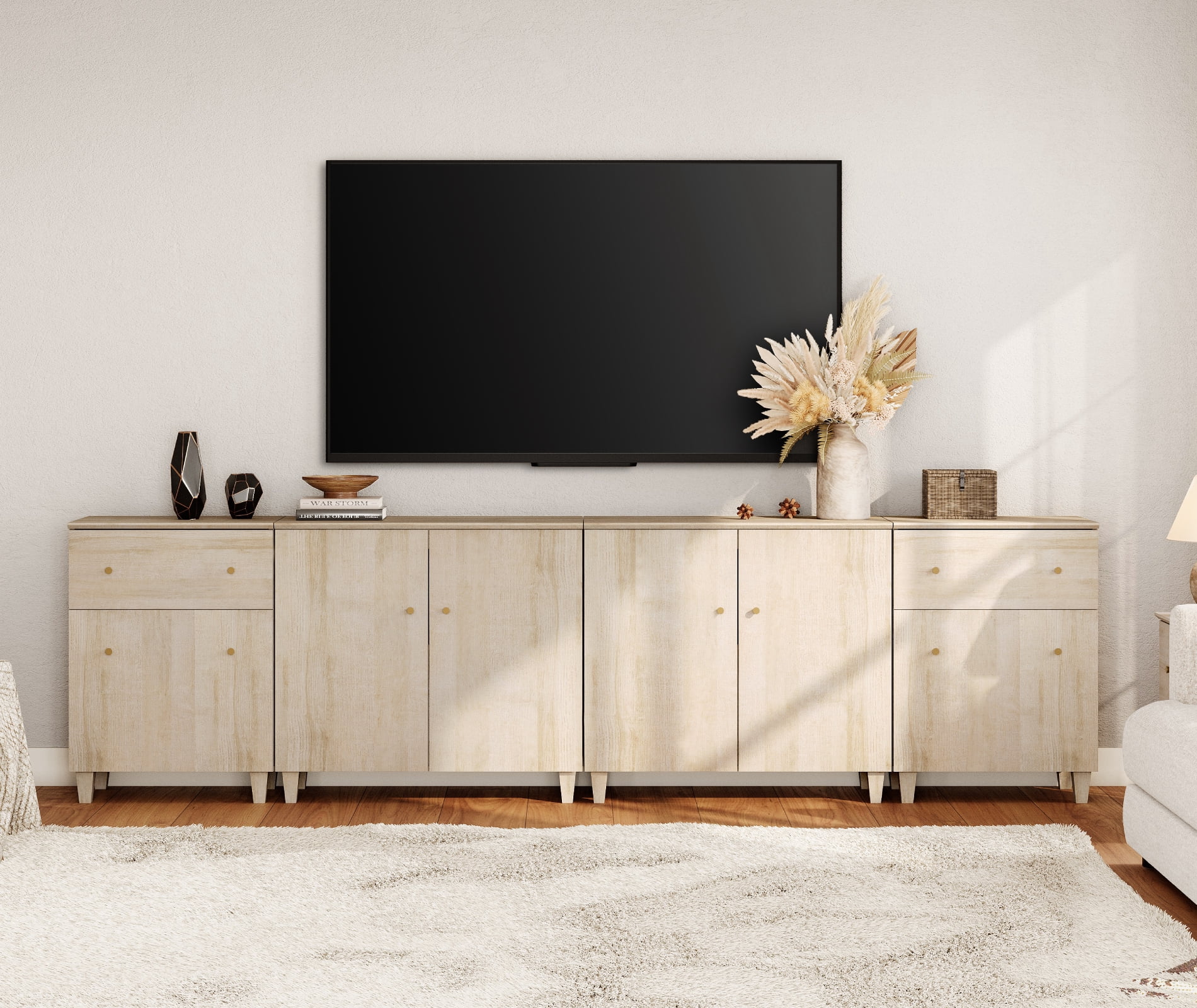 WAMPAT Wide TV Stand for 110+ Inches TVs, 4-in-1 Modern Wooden Media Console with 2 Spacious Drawers and 4 Storage Cabinets for Living Room, Light Oak