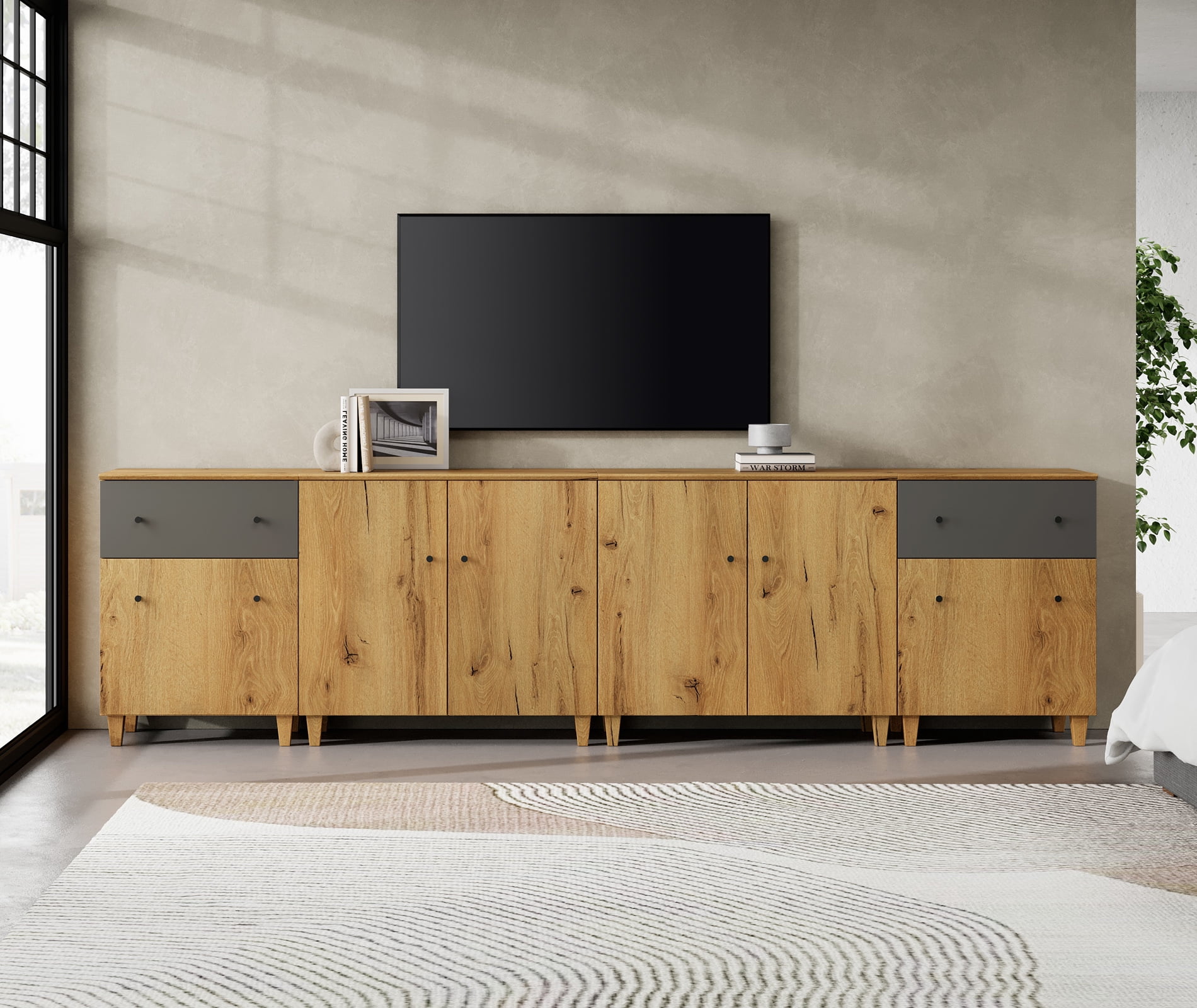 WAMPAT Wide TV Stand for 110+ Inches TVs, 4-in-1 Modern Wooden Media Console with 2 Spacious Drawers and 4 Storage Cabinets for Living Room, Oak Brown