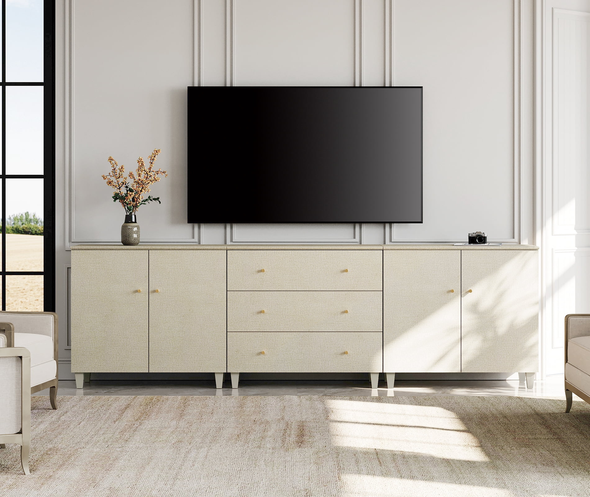WAMPAT Wide TV Stand for 100+ Inches TVs, 3-in-1 Modern Wooden Media Console with 3 Spacious Drawers and 2 Storage Cabinets for Living Room, Beige