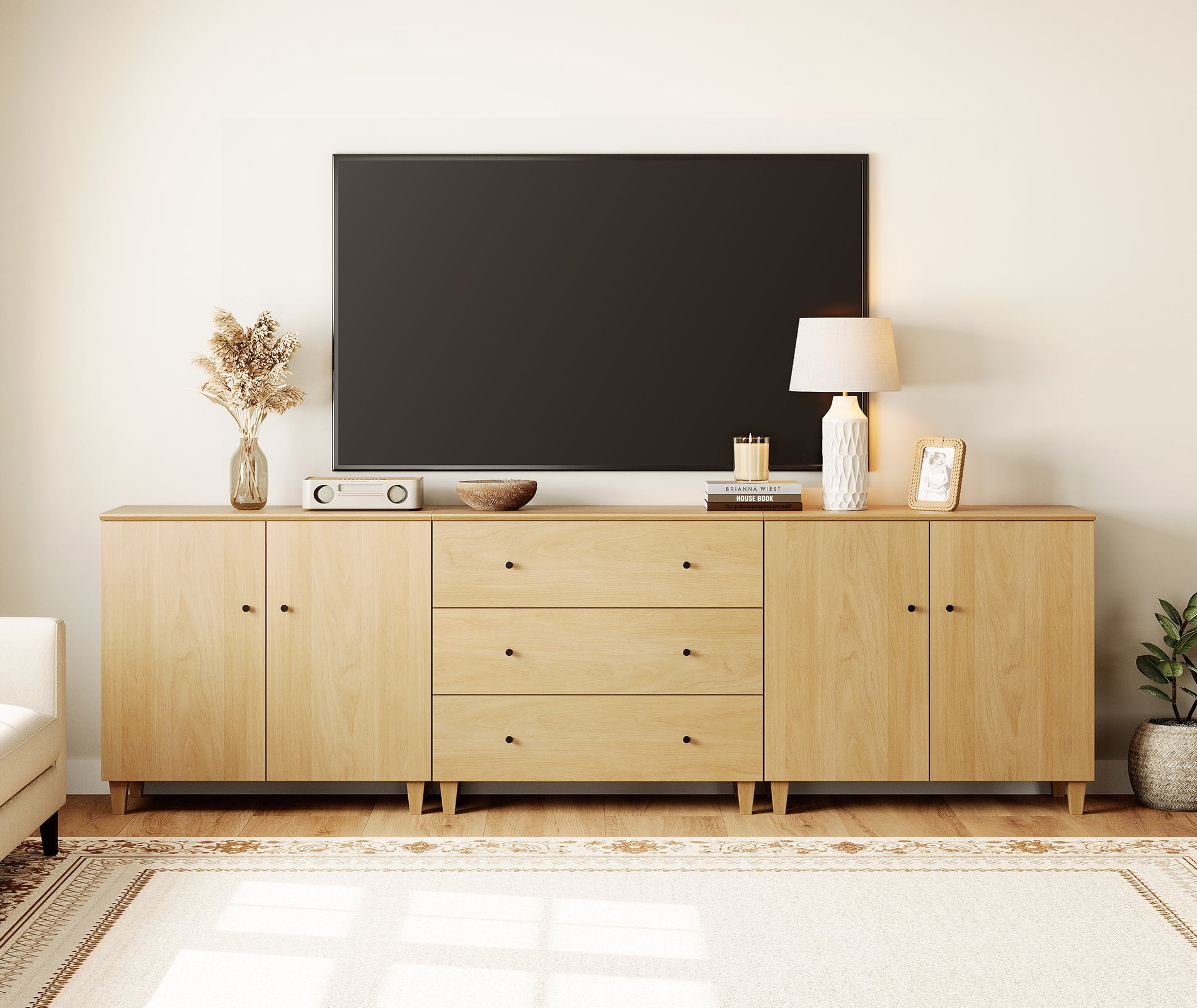 WAMPAT Wide TV Stand for 100+ Inches TVs, 3-in-1 Modern Wooden Media Console with 3 Spacious Drawers and 2 Storage Cabinets for Living Room, Oak