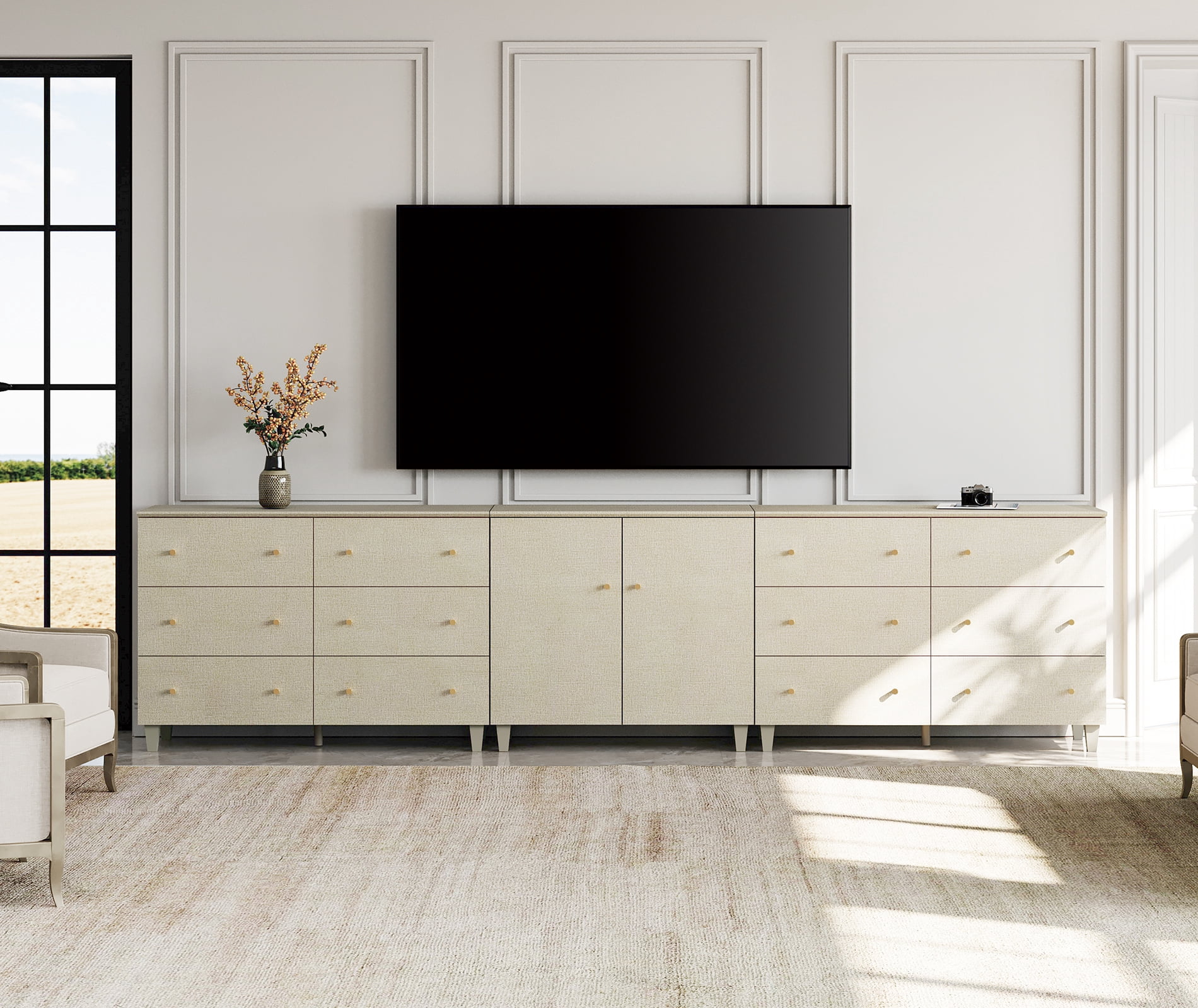 WAMPAT Wide TV Stand for 110+ Inches TVs, 3-in-1 Modern Wooden Media Console with 12 Spacious Drawers and 1 Storage Cabinet for Living Room, Beige