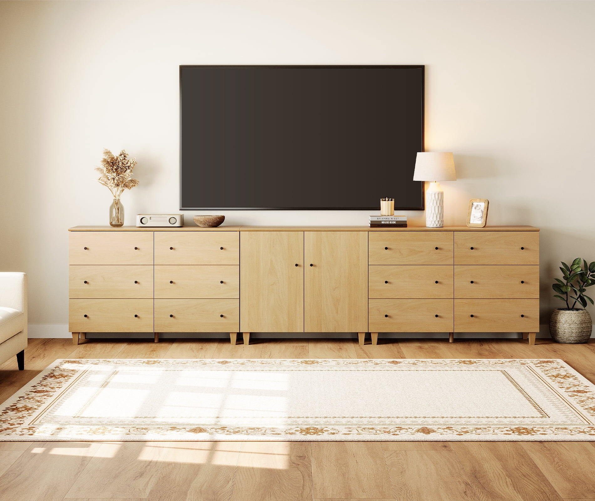 WAMPAT Wide TV Stand for 110+ Inches TVs, 3-in-1 Modern Wooden Media Console with 12 Spacious Drawers and 1 Storage Cabinet for Living Room, Oak