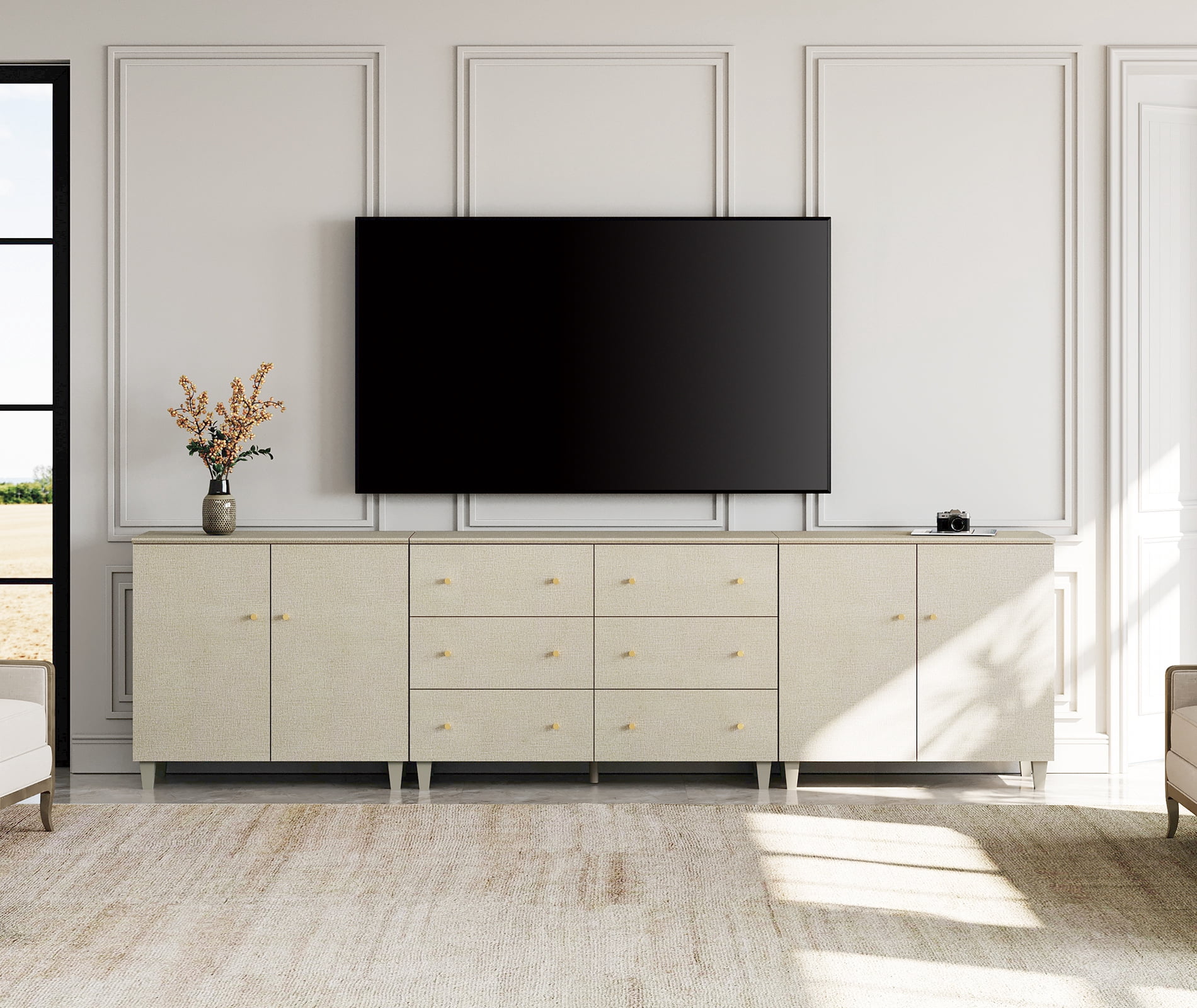 WAMPAT Wide TV Stand for 110+ Inches TVs, 3-in-1 Modern Wooden Media Console with 6 Spacious Drawers and 2 Storage Cabinets for Living Room, Beige