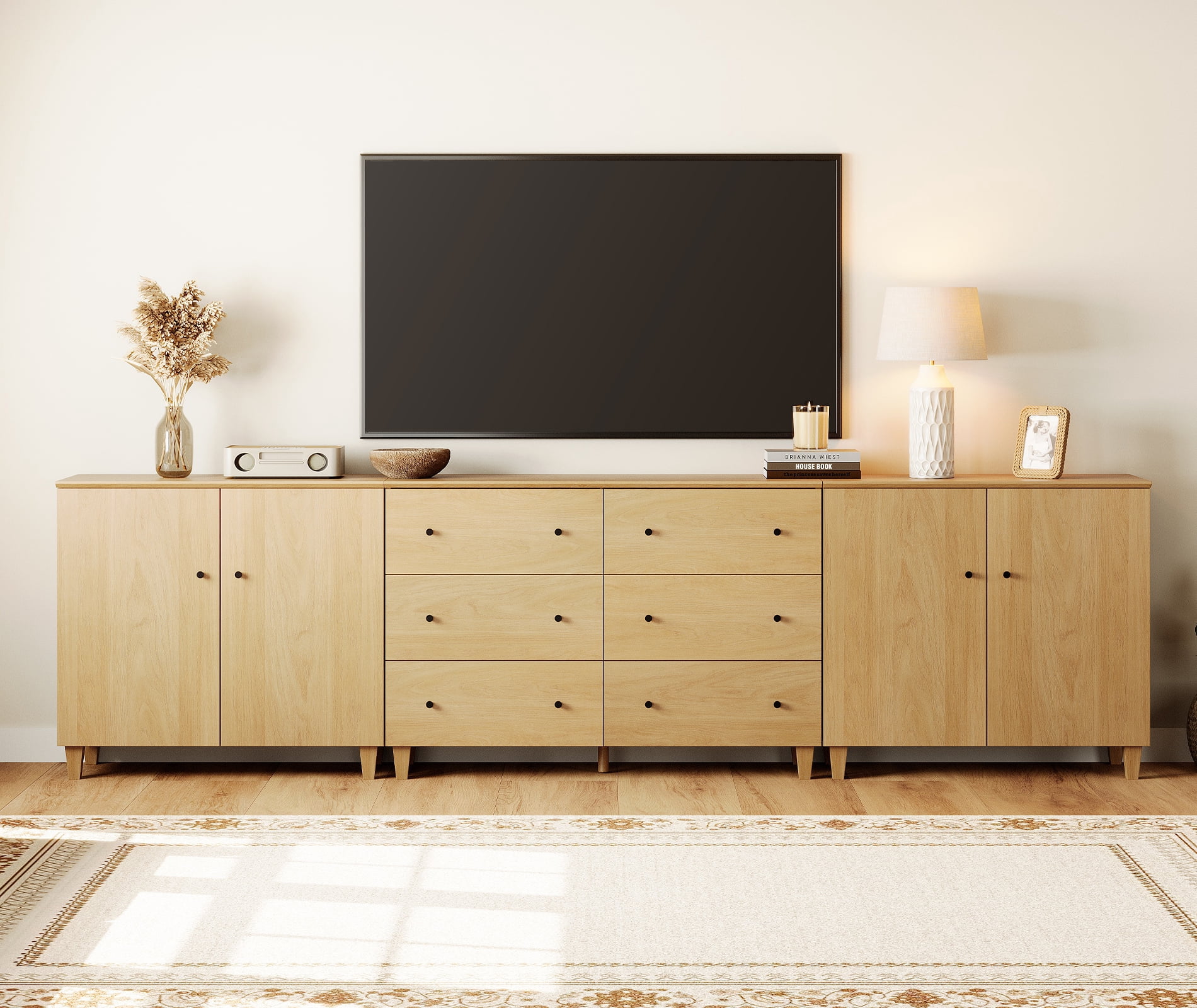WAMPAT Wide TV Stand for 110+ Inches TVs, 3-in-1 Modern Wooden Media Console with 6 Spacious Drawers and 2 Storage Cabinets for Living Room, Oak
