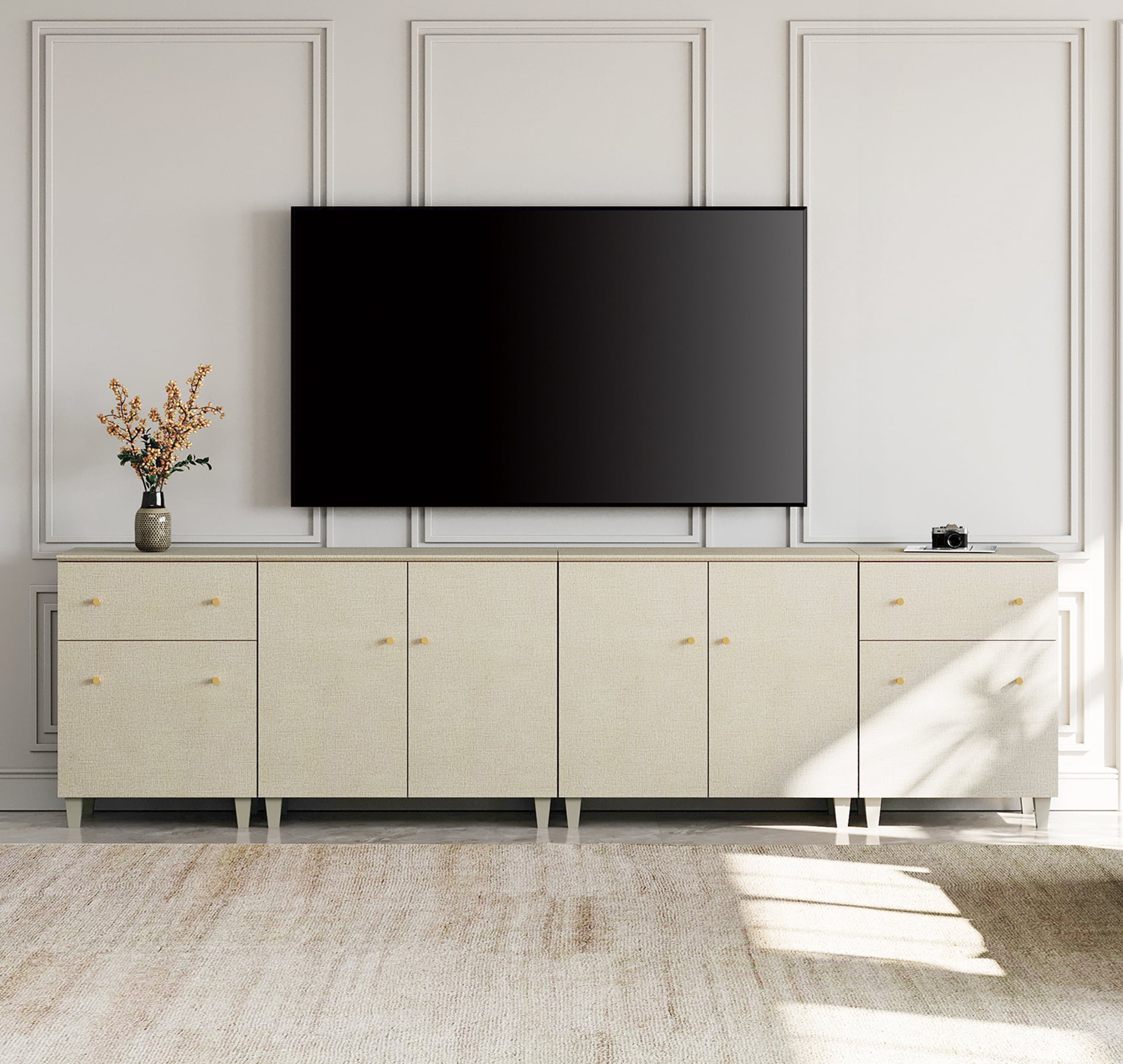 WAMPAT Wide TV Stand for 110+ Inches TVs, 4-in-1 Modern Wooden Media Console with 2 Spacious Drawers and 4 Storage Cabinets for Living Room, Beige