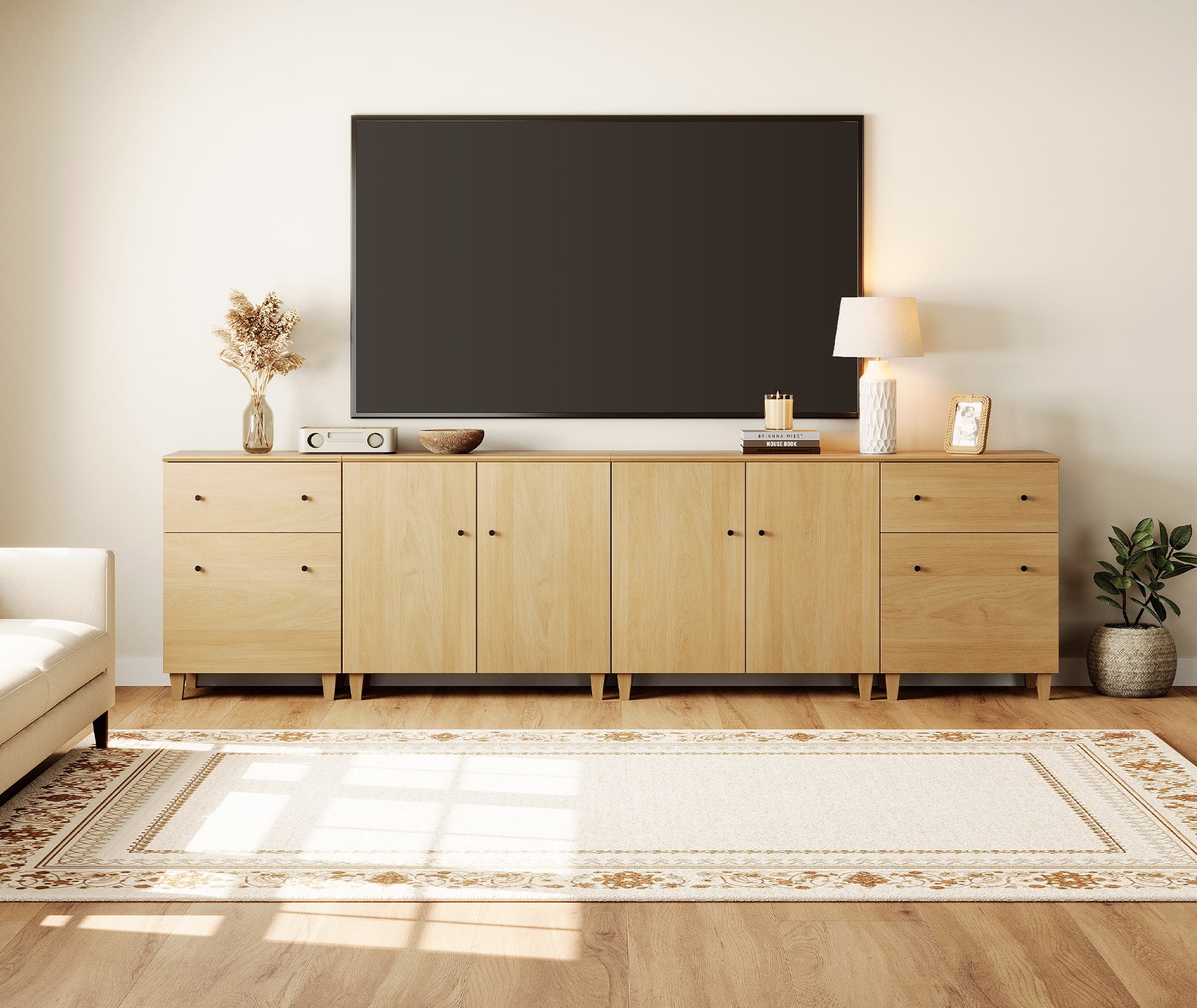 WAMPAT Wide TV Stand for 110+ Inches TVs, 4-in-1 Modern Wooden Media Console with 2 Spacious Drawers and 4 Storage Cabinets for Living Room, Oak
