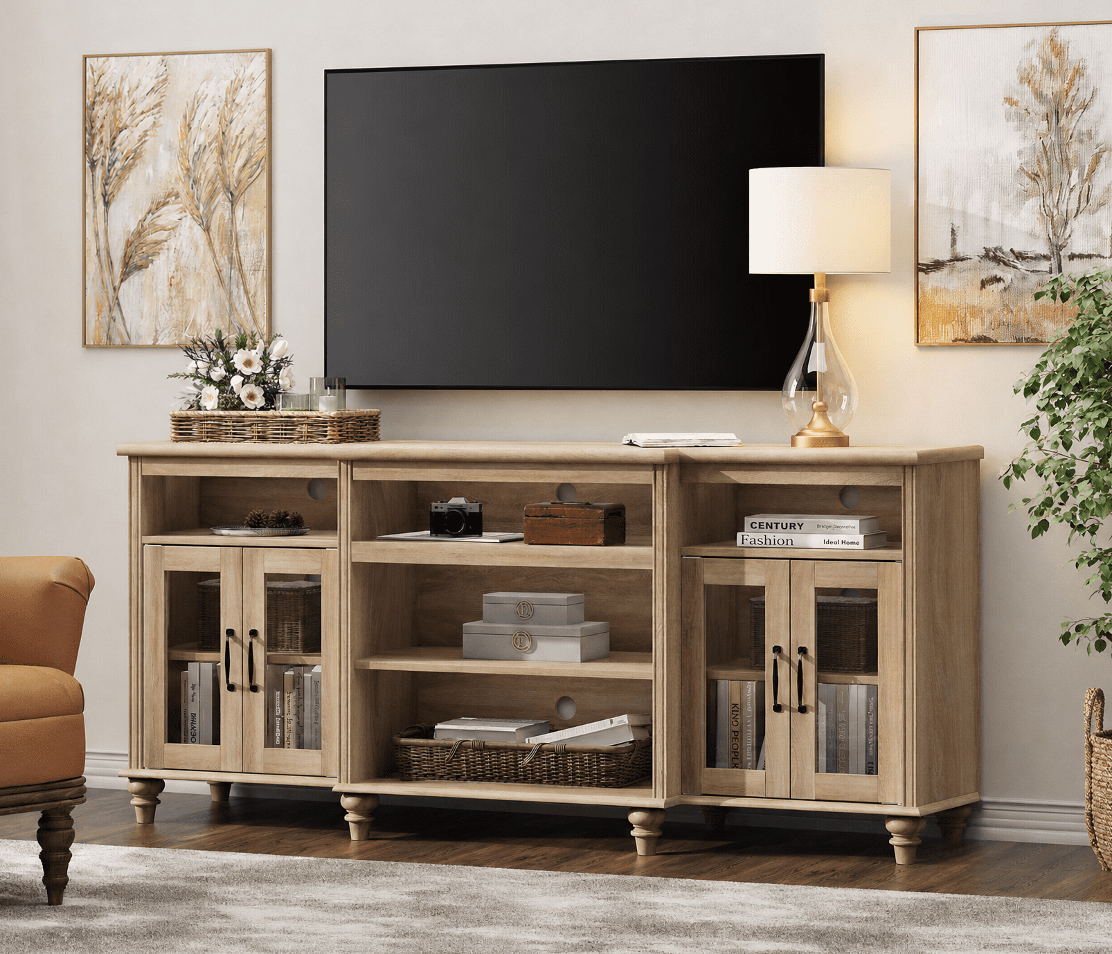 WAMPAT Wide TV Stand for 75 Inch TV, 70 Inch TV Console Table with Adjustable Shelf for Living Room, Oak