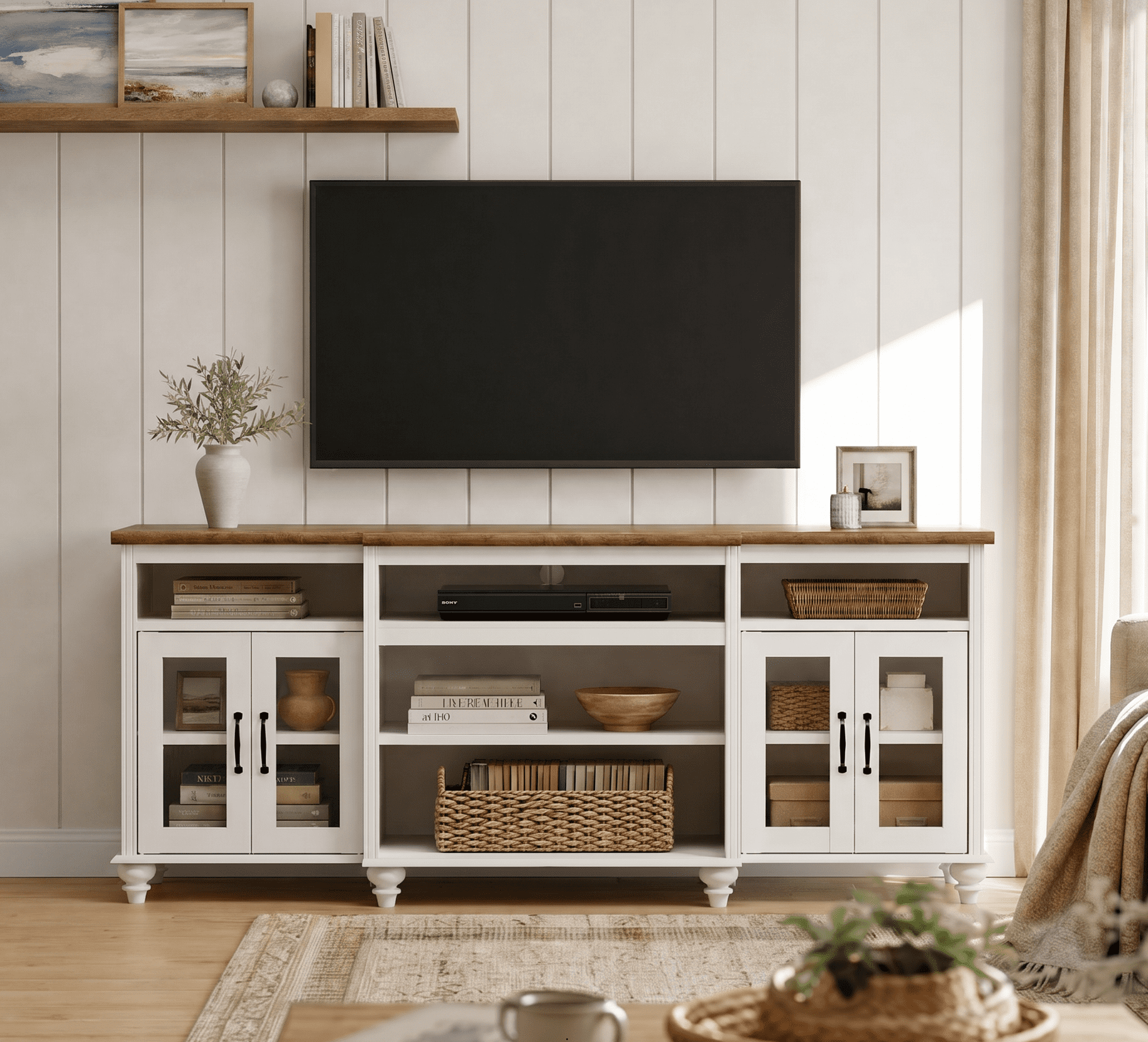 WAMPAT Wide TV Stand for 75 Inch TV, 70 Inch TV Console Table with Adjustable Shelf for Living Room, Off White