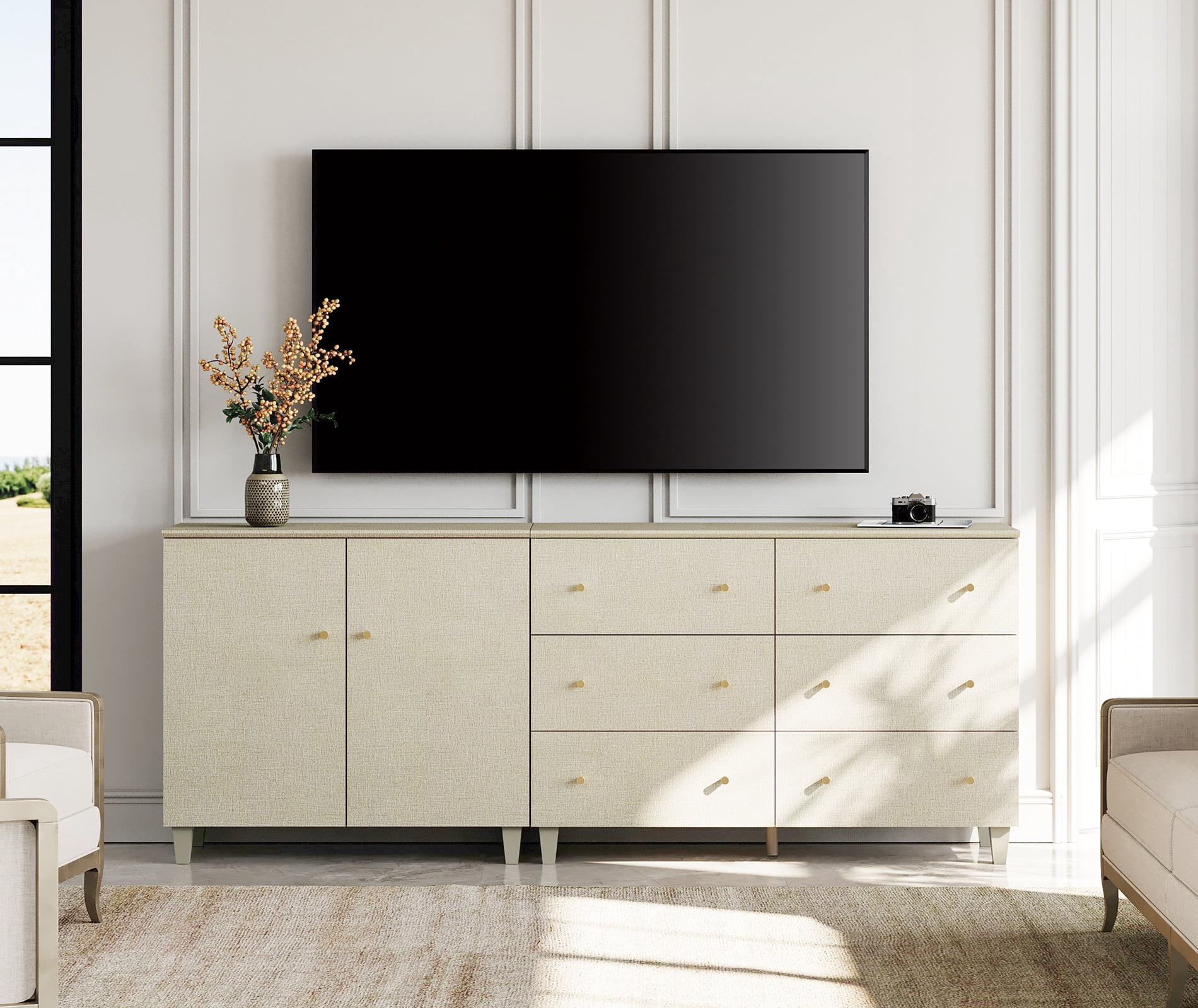WAMPAT Wide TV Stand for 85+ Inches TVs, 2-in-1 Modern Wooden Media Console with 6 Spacious Drawers and 1 Storage Cabinet for Living Room, Beige