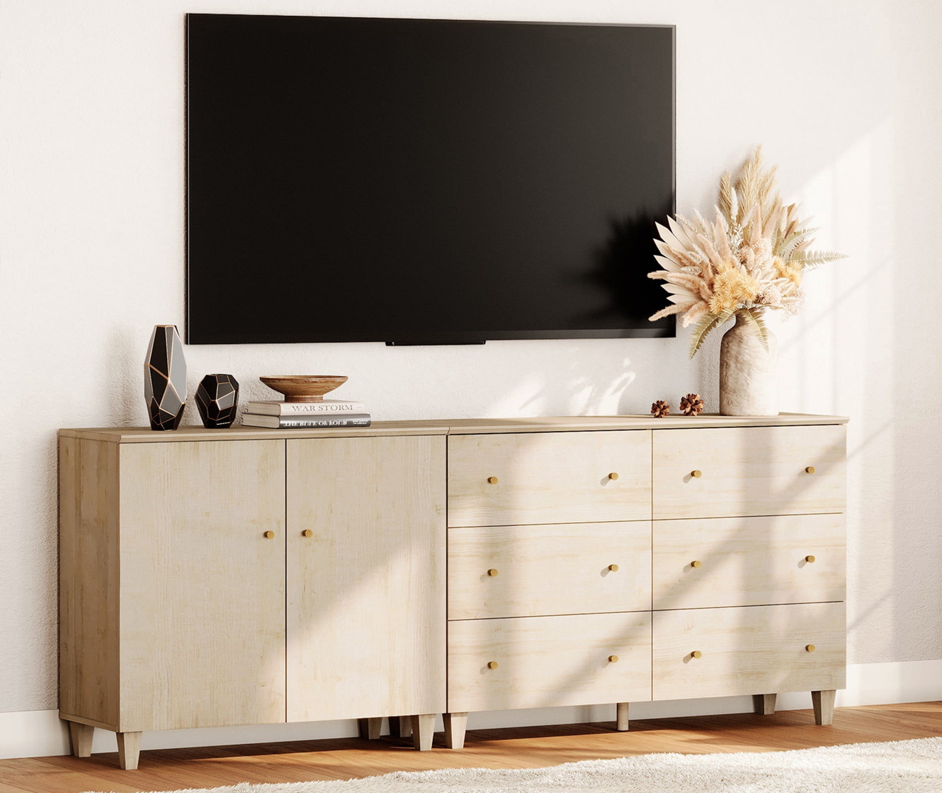 WAMPAT Wide TV Stand for 85+ Inches TVs, 2-in-1 Modern Wooden Media Console with 6 Spacious Drawers and 1 Storage Cabinet for Living Room, Light Oak