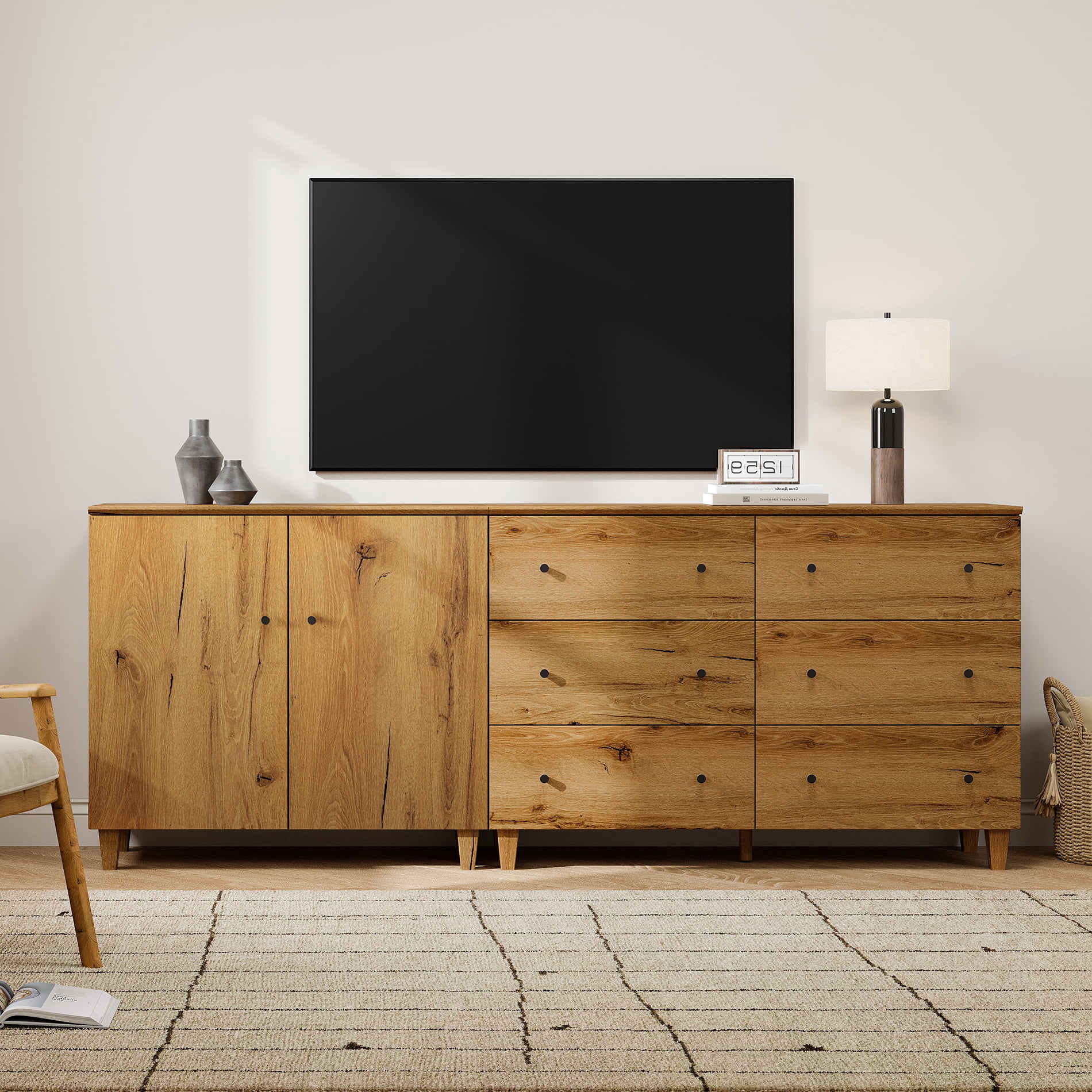 WAMPAT Wide TV Stand for 85+ Inches TVs, 2-in-1 Modern Wooden Media Console with 6 Spacious Drawers and 1 Storage Cabinet for Living Room, Oak Brown