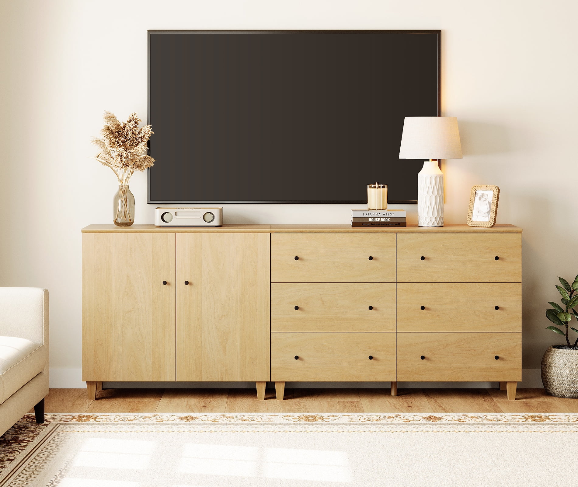 WAMPAT Wide TV Stand for 85+ Inches TVs, 2-in-1 Modern Wooden Media Console with 6 Spacious Drawers and 1 Storage Cabinet for Living Room, Oak