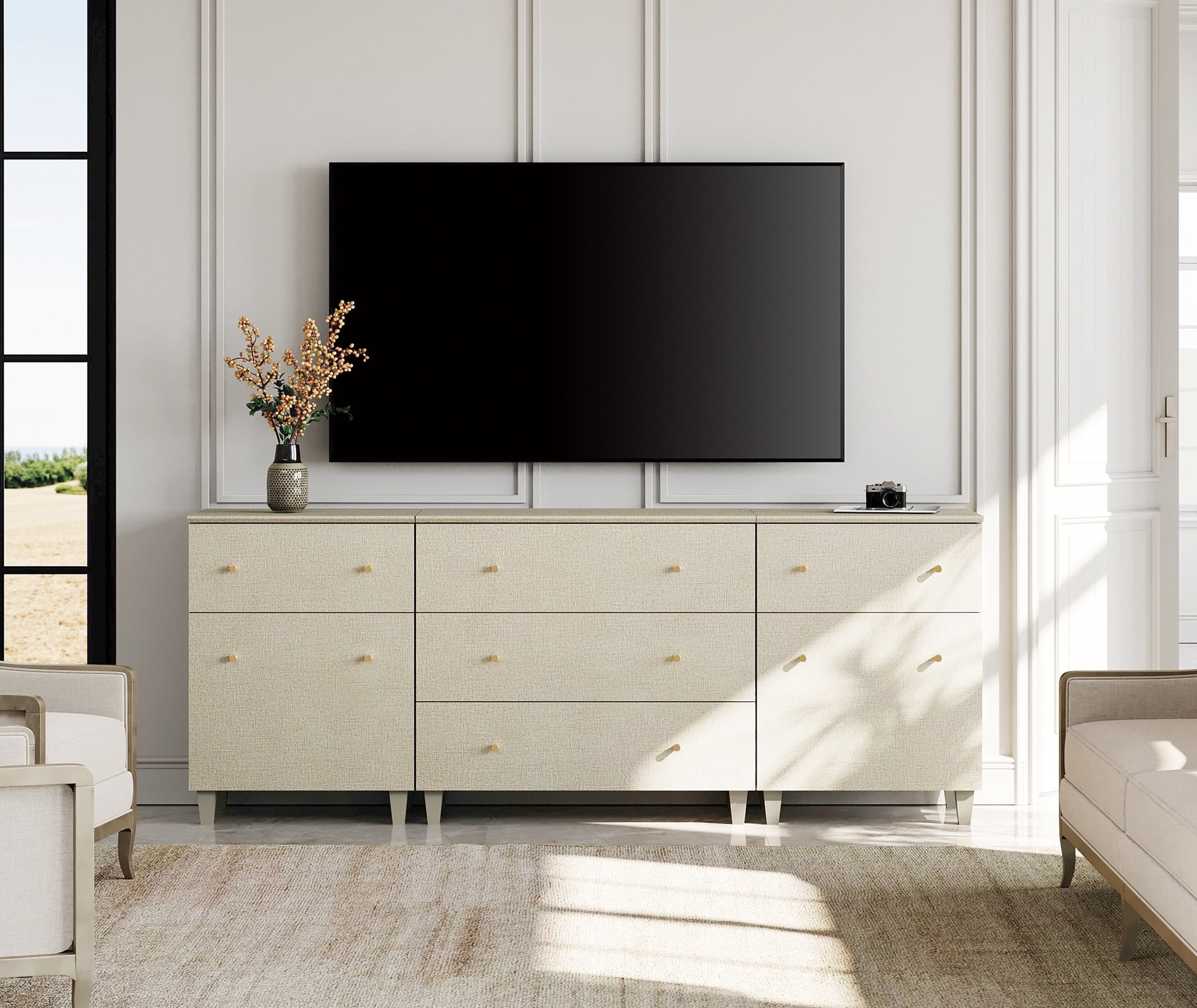WAMPAT Wide TV Stand for 85+ Inches TVs, 3-in-1 Modern Wooden Media Console with 5 Spacious Drawers and 2 Storage Cabinets for Living Room, Beige