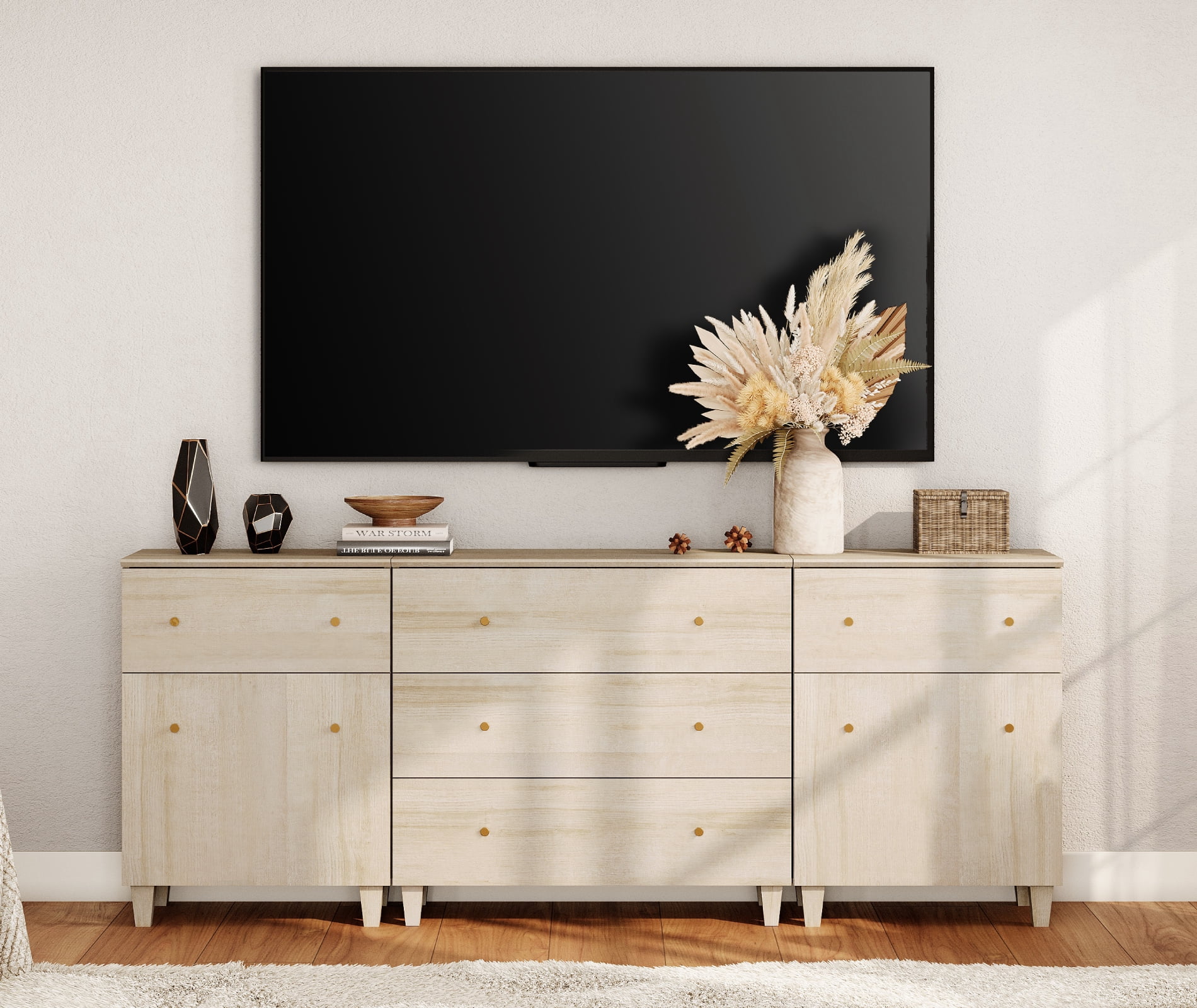 WAMPAT Wide TV Stand for 85+ Inches TVs, 3-in-1 Modern Wooden Media Console with 5 Spacious Drawers and 2 Storage Cabinets for Living Room, Light Oak
