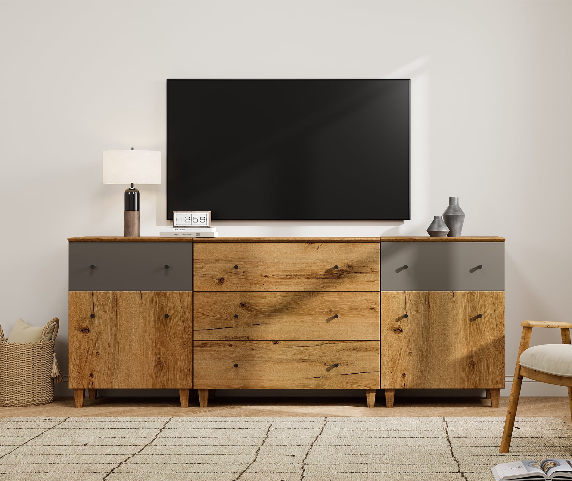 WAMPAT Wide TV Stand for 85+ Inches TVs, 3-in-1 Modern Wooden Media Console with 5 Spacious Drawers and 2 Storage Cabinets for Living Room, Oak Brown