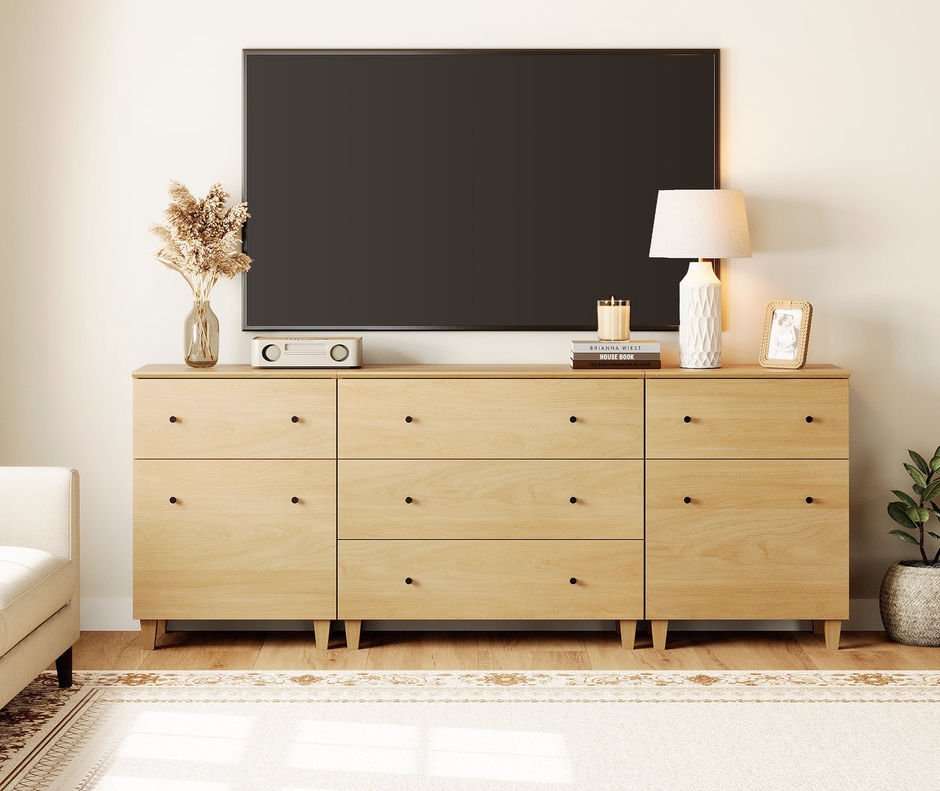 WAMPAT Wide TV Stand for 85+ Inches TVs, 3-in-1 Modern Wooden Media Console with 5 Spacious Drawers and 2 Storage Cabinets for Living Room, Oak