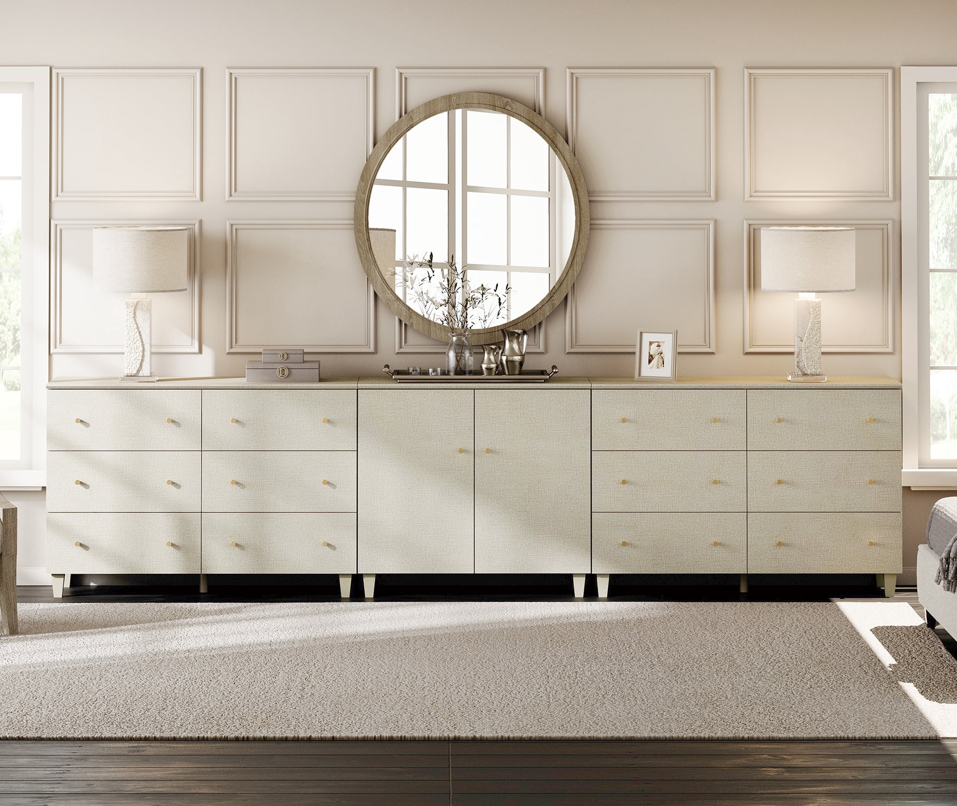 Wampat Wood Dresser with 12 Drawers and 1 Cabinet for Bedroom, Modern Chest of Drawer, 130 inch Wide, Beige Linen Printed Finish Wampat Wood Dresser with 12 Drawers and 1 Cabinet for Bedroom, Modern Chest of Drawer, 130 inch Wide, Beige Linen Printed Finish