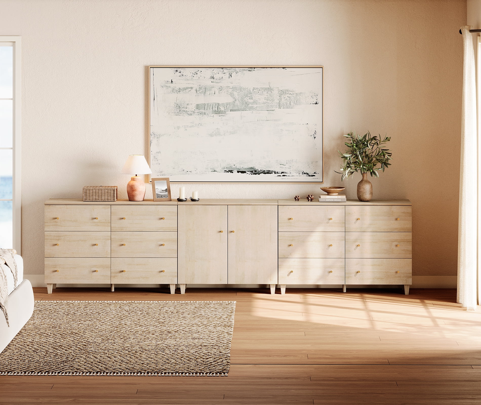 WAMPAT Wood Dresser with 12 Drawers and 1 Cabinet for Bedroom, Modern Chest of Drawer, 130" Wide, Light Oak Wood Finish