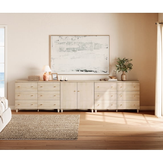WAMPAT Wood Dresser with 12 Drawers and 1 Cabinet for Bedroom, Modern Chest of Drawer, 130" Wide, Light Oak Wood Finish