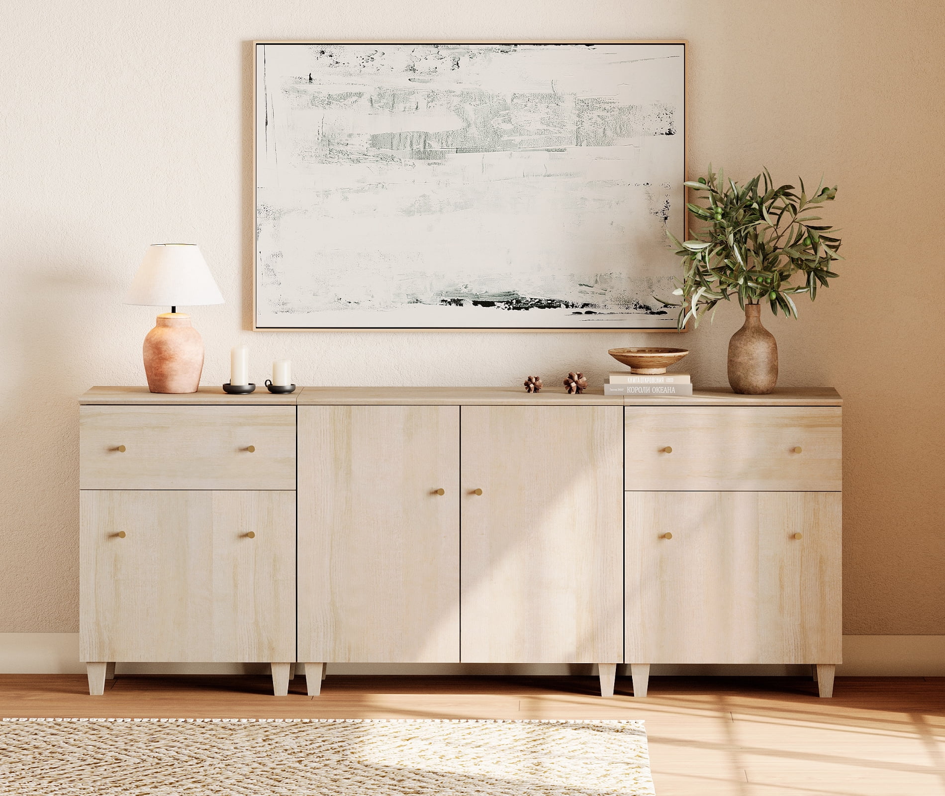 WAMPAT Wood Dresser with 2 Drawers and 3 Cabinets for Bedroom, Modern Chest of Drawer, 83" Wide, Light Oak Wood Finish