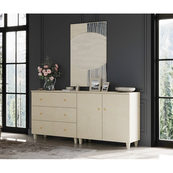 WAMPAT Wood Dresser with 3 Drawers and 1 Cabinet for Bedroom, Modern Chest of Drawer, 71" Wide, Beige Linen Printed Finish