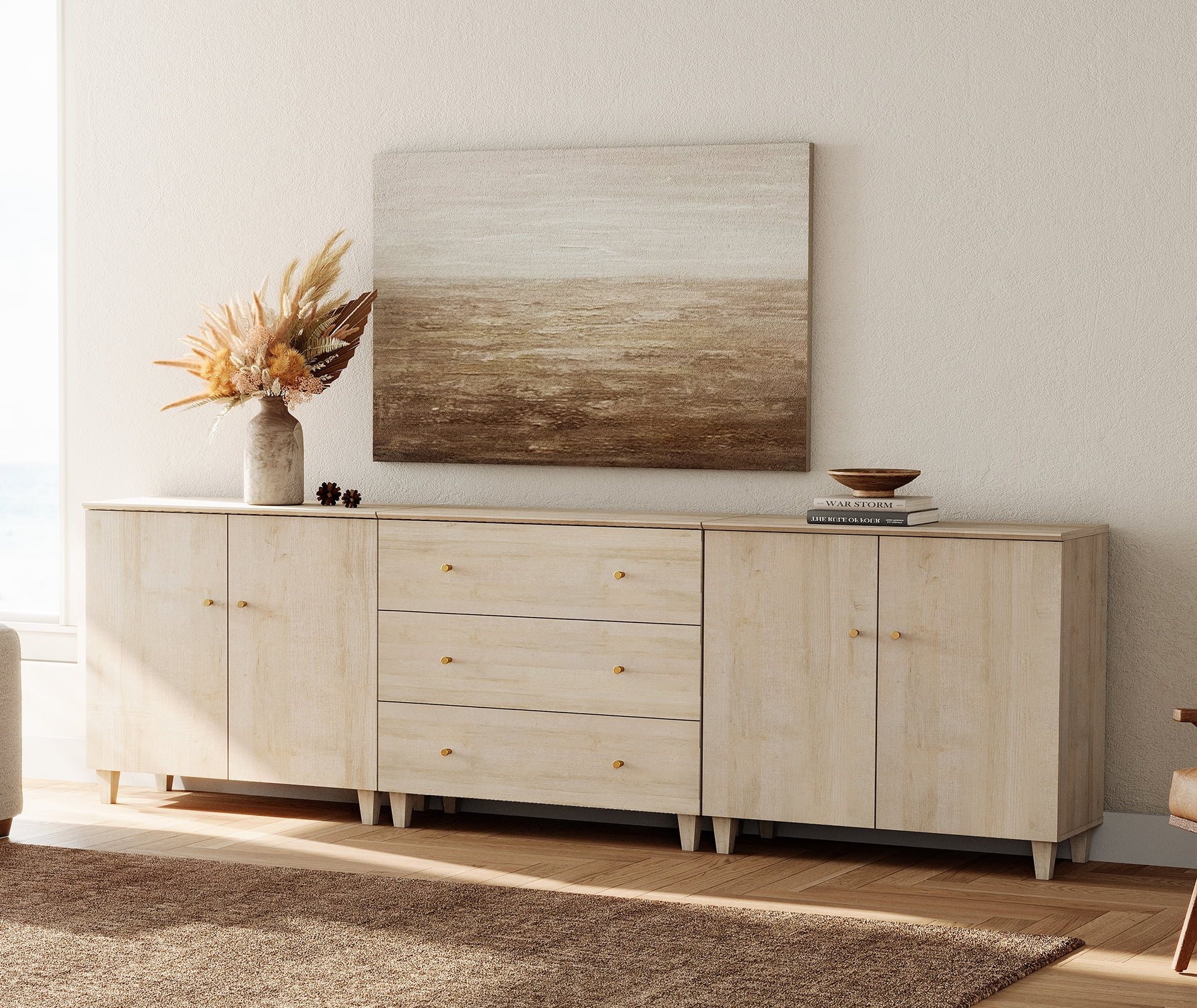 WAMPAT Wood Dresser with 3 Drawers and 2 Cabinets for Bedroom, Modern Chest of Drawer, 106" Wide, Light Oak Wood Finish