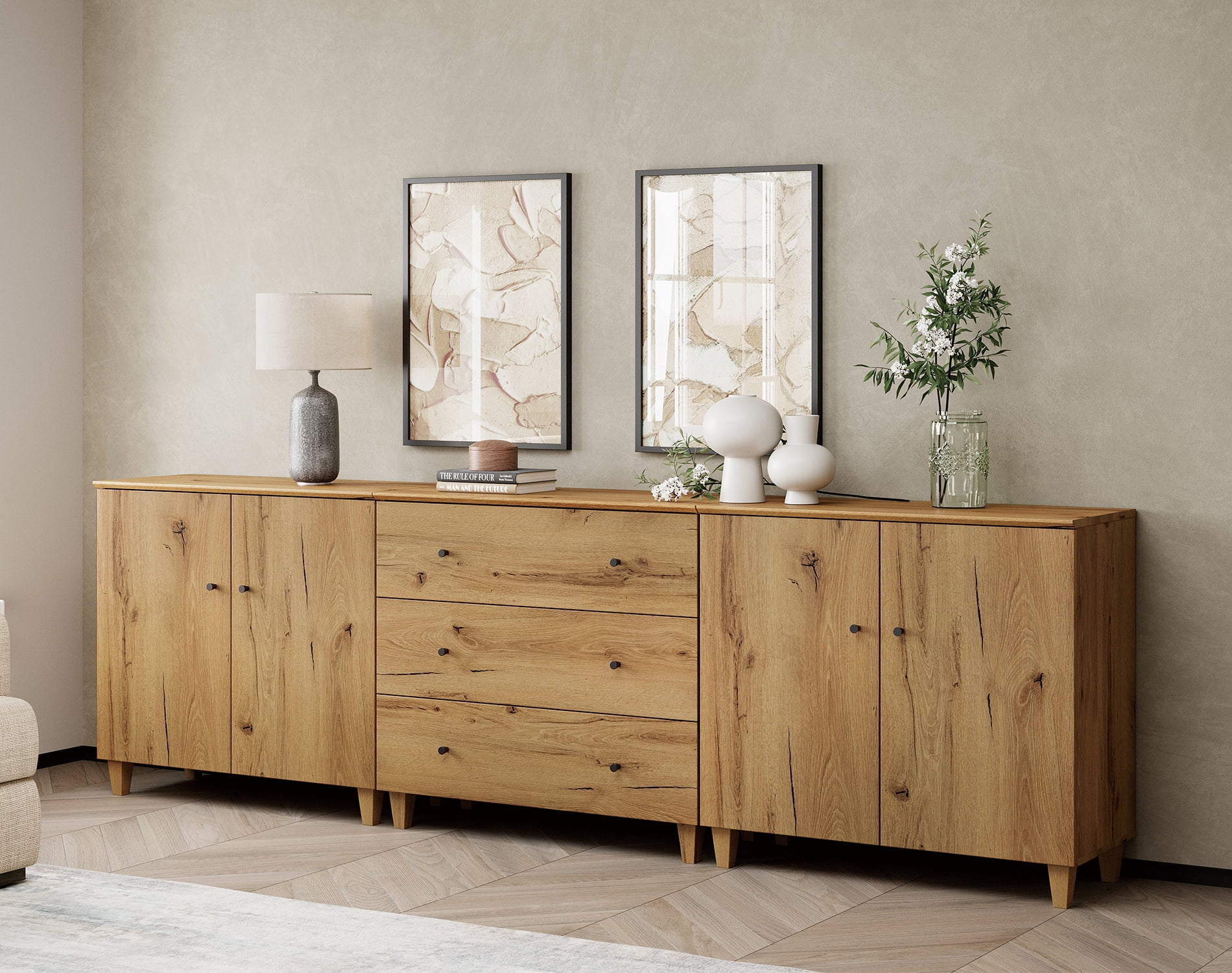 WAMPAT Wood Dresser with 3 Drawers and 2 Cabinets for Bedroom, Modern Chest of Drawer, 106" Wide, Oak Brown Wood Finish