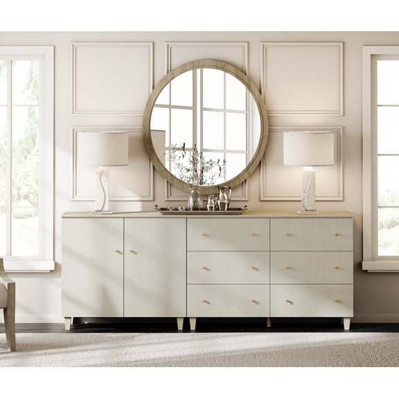 WAMPAT Wood Dresser with 6 Drawers and 1 Cabinet for Bedroom, Modern Chest of Drawer, 83" Wide, Beige Linen Printed Finish