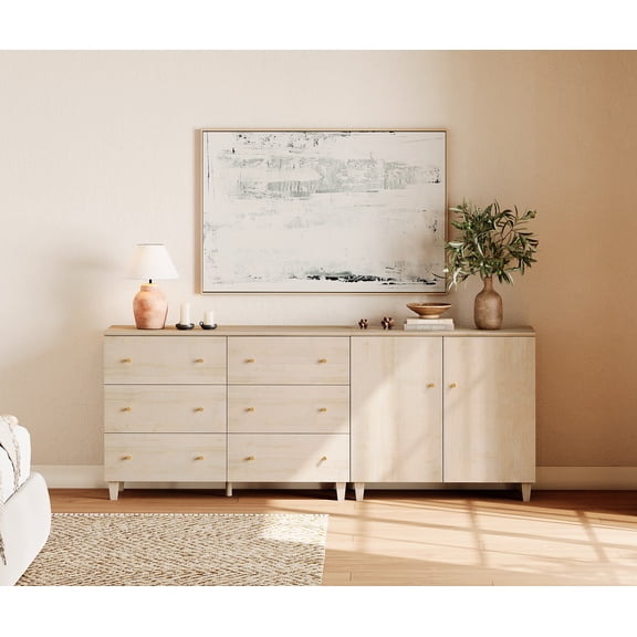 WAMPAT Wood Dresser with 6 Drawers and 1 Cabinet for Bedroom, Modern Chest of Drawer, 83" Wide, Light Oak Wood Finish