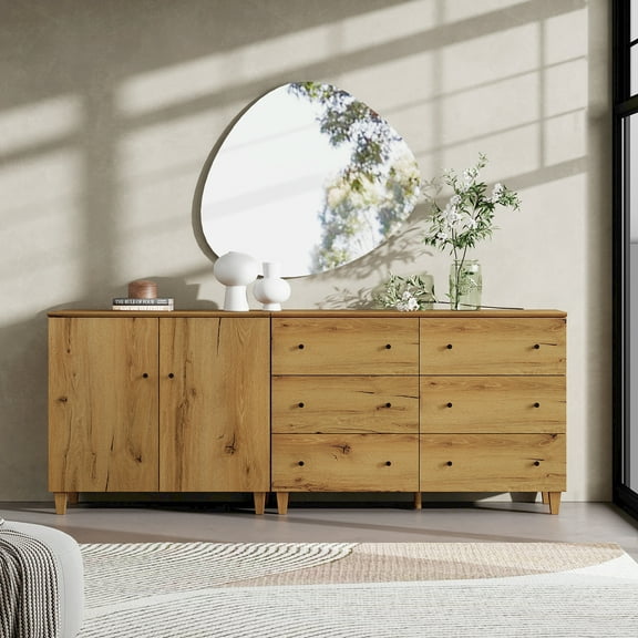 WAMPAT Wood Dresser with 6 Drawers and 1 Cabinet for Bedroom, Modern Chest of Drawer, 83" Wide, Oak Brown Wood Finish