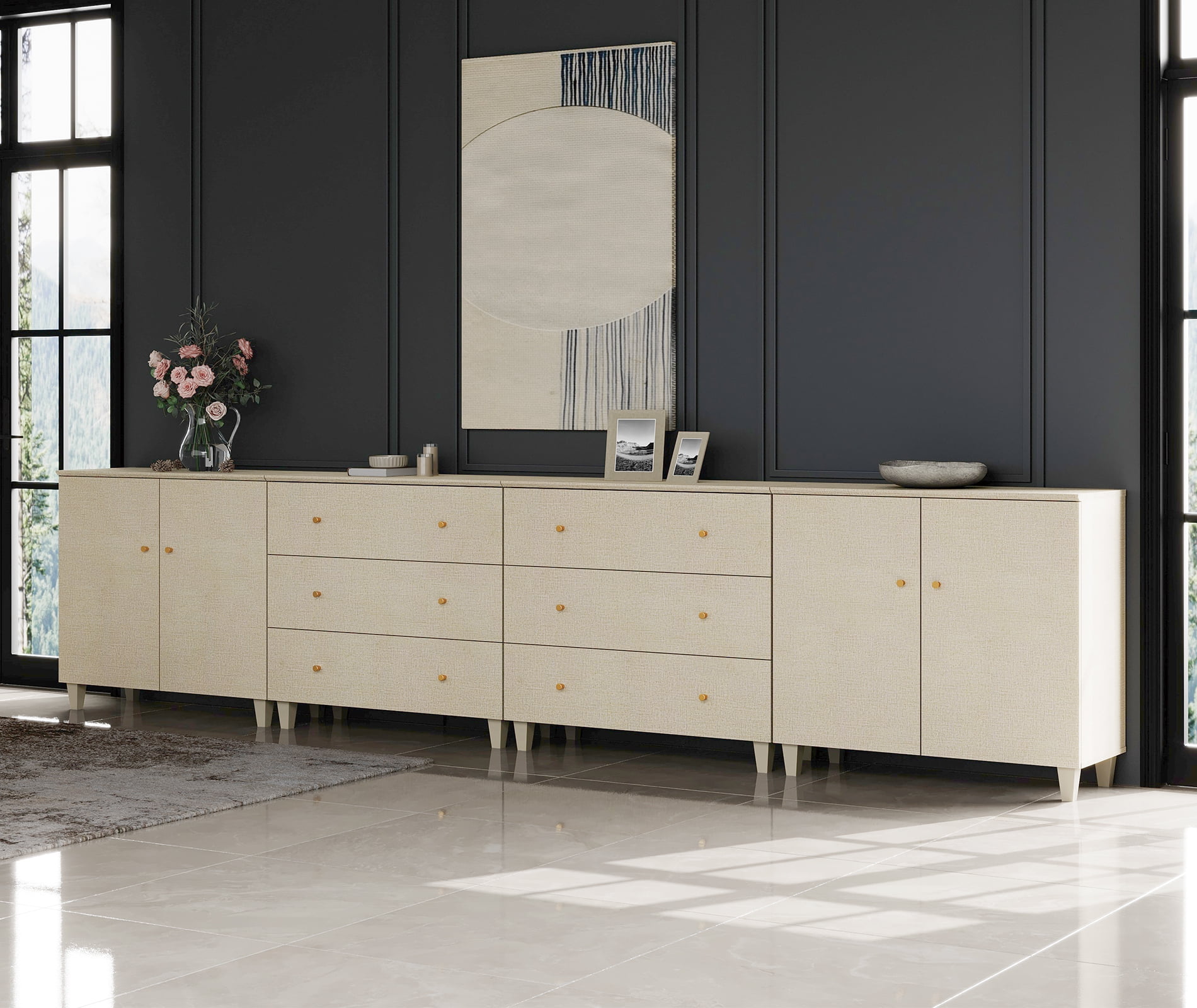 WAMPAT Wood Dresser with 6 Drawers and 2 Cabinets for Bedroom, Modern Chest of Drawer, 142" Wide, Beige Linen Printed Finish