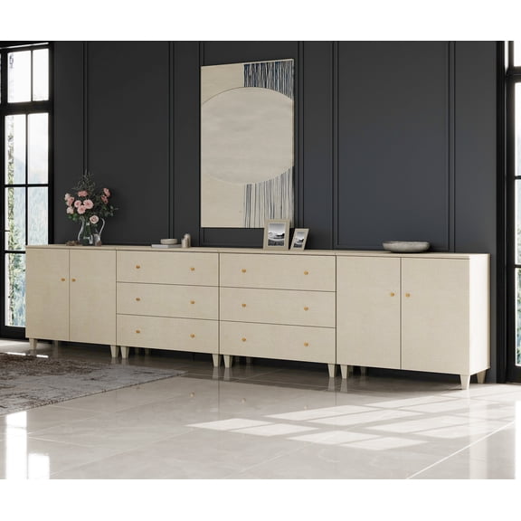 WAMPAT Wood Dresser with 6 Drawers and 2 Cabinets for Bedroom, Modern Chest of Drawer, 142" Wide, Beige Linen Printed Finish