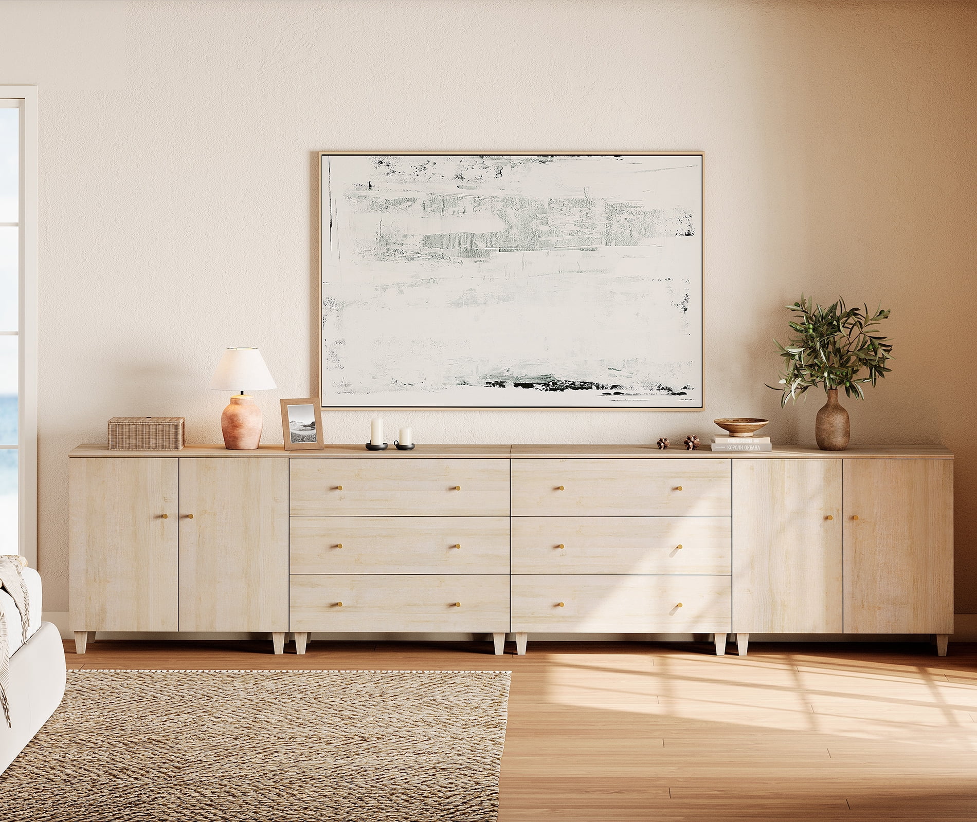 WAMPAT Wood Dresser with 6 Drawers and 2 Cabinets for Bedroom, Modern Chest of Drawer, 142" Wide, Light Oak Wood Finish