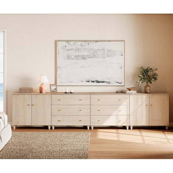 WAMPAT Wood Dresser with 6 Drawers and 2 Cabinets for Bedroom, Modern Chest of Drawer, 142" Wide, Light Oak Wood Finish