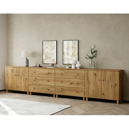 WAMPAT Wood Dresser with 6 Drawers and 2 Cabinets for Bedroom, Modern Chest of Drawer, 142" Wide, Oak Brown Wood Finish