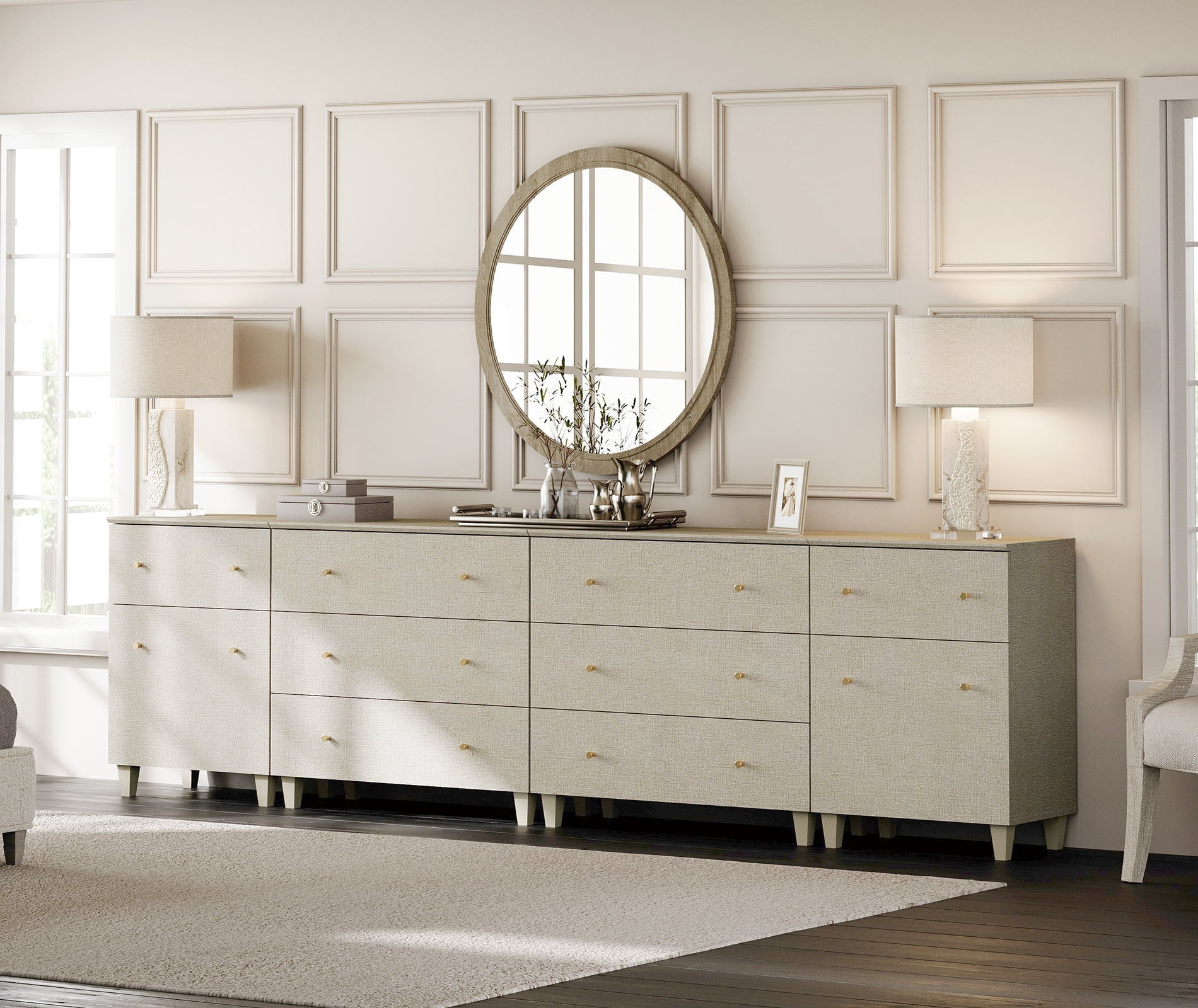 WAMPAT Wood Dresser with 8 Drawers and 2 Cabinets for Bedroom, Modern Chest of Drawer, 118" Wide, Beige Linen Printed Finish