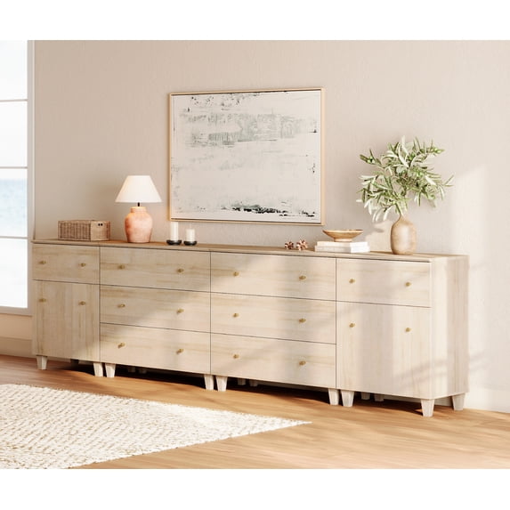 WAMPAT Wood Dresser with 8 Drawers and 2 Cabinets for Bedroom, Modern Chest of Drawer, 118" Wide, Light Oak Wood Finish