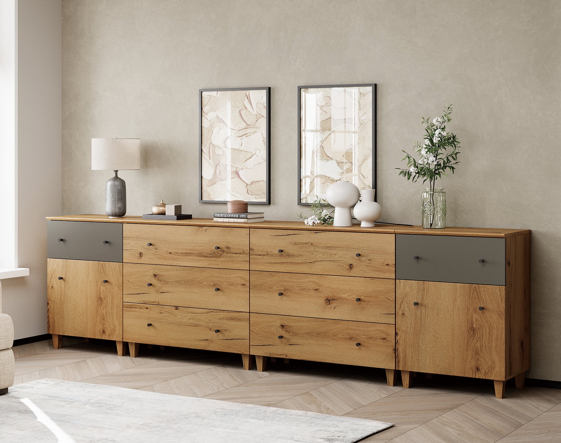 WAMPAT Wood Dresser with 8 Drawers and 2 Cabinets for Bedroom, Modern Chest of Drawer, 118" Wide, Oak Brown Wood Finish