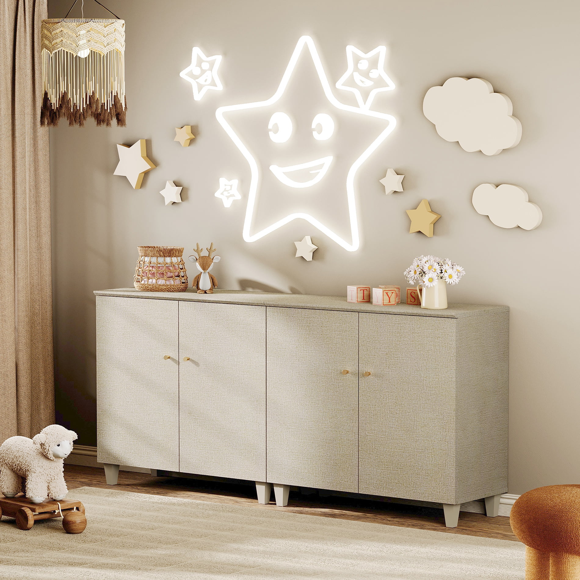 Wampat Wooden Dresser Chest with Doors, Bedroom Modern Beige Closet Storage Organizer with 6 Compartments for Kids baby Room, Nursery, Size: 70.8 inch Wampat Wooden Dresser Chest with Doors, Bedroom Modern Beige Closet Storage Organizer with 6 Compartments for Kids baby Room, Nursery, Size: 70.8 inch