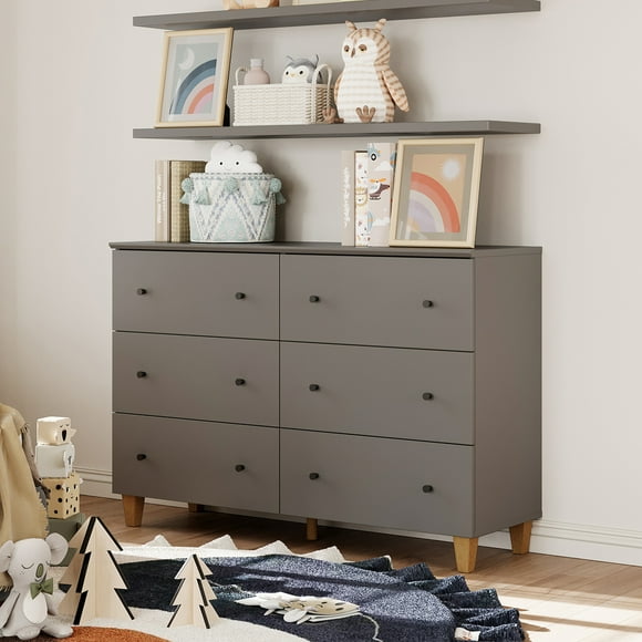 WAMPAT Wooden Dresser with 6 Drawers, Bedroom Modern Dark Gray Chest of Drawers for Kids baby Room, Nursery